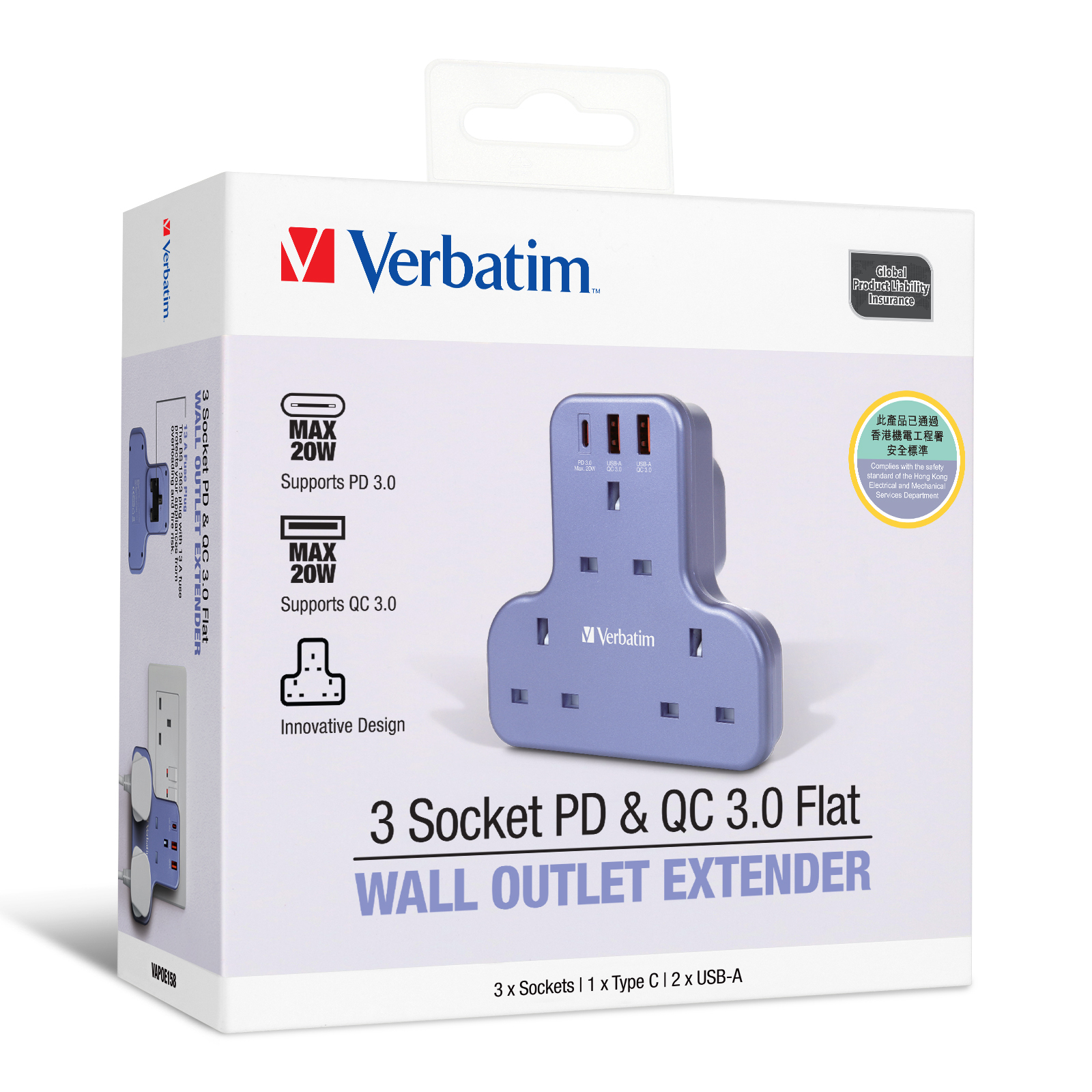 Verbatim 3 Socket PD & QC 3.0 Flat Wall Outlet Extender 66848/66852/66886