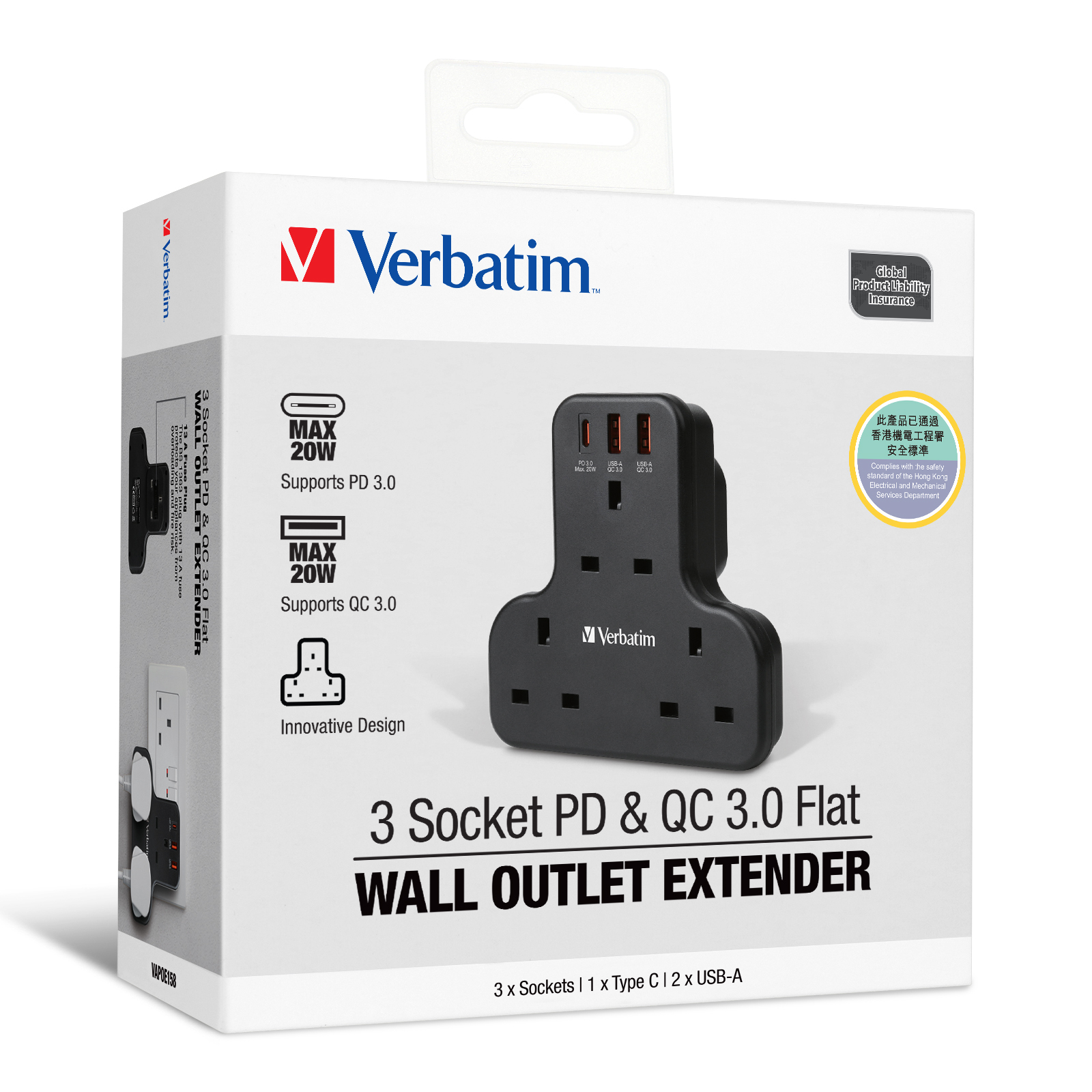 Verbatim 3 Socket PD & QC 3.0 Flat Wall Outlet Extender 66848/66852/66886