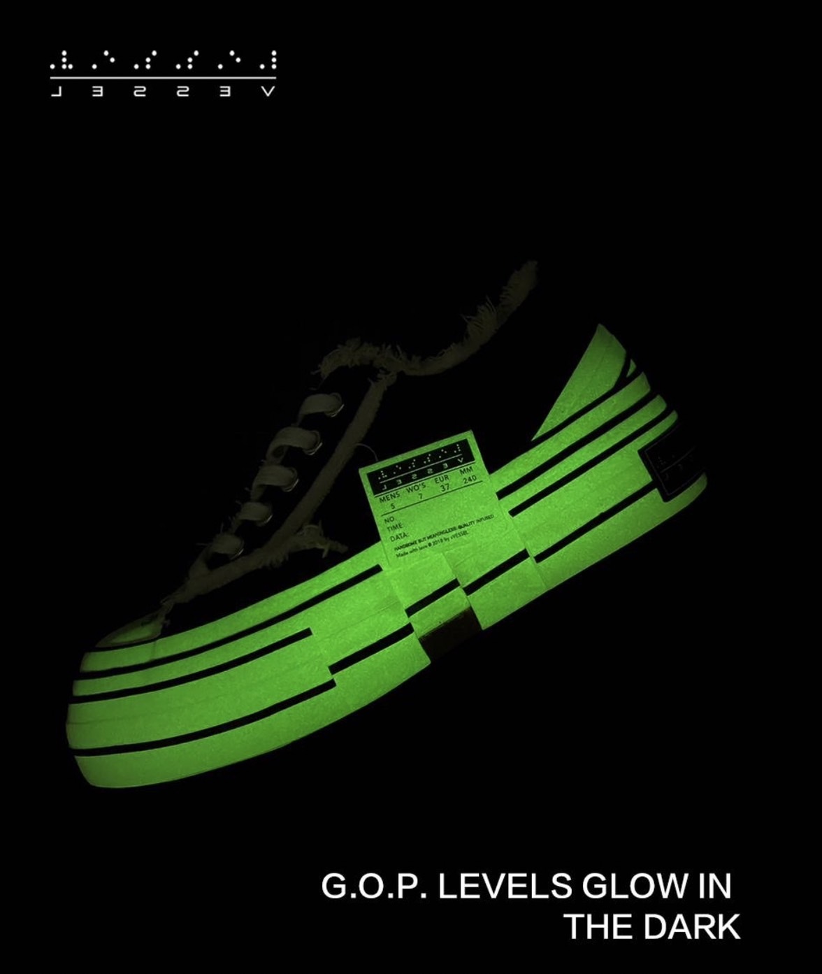 xVESSEL G.O.P. Levels Glow in the dark 夜光 內增高 黑白 解構鞋