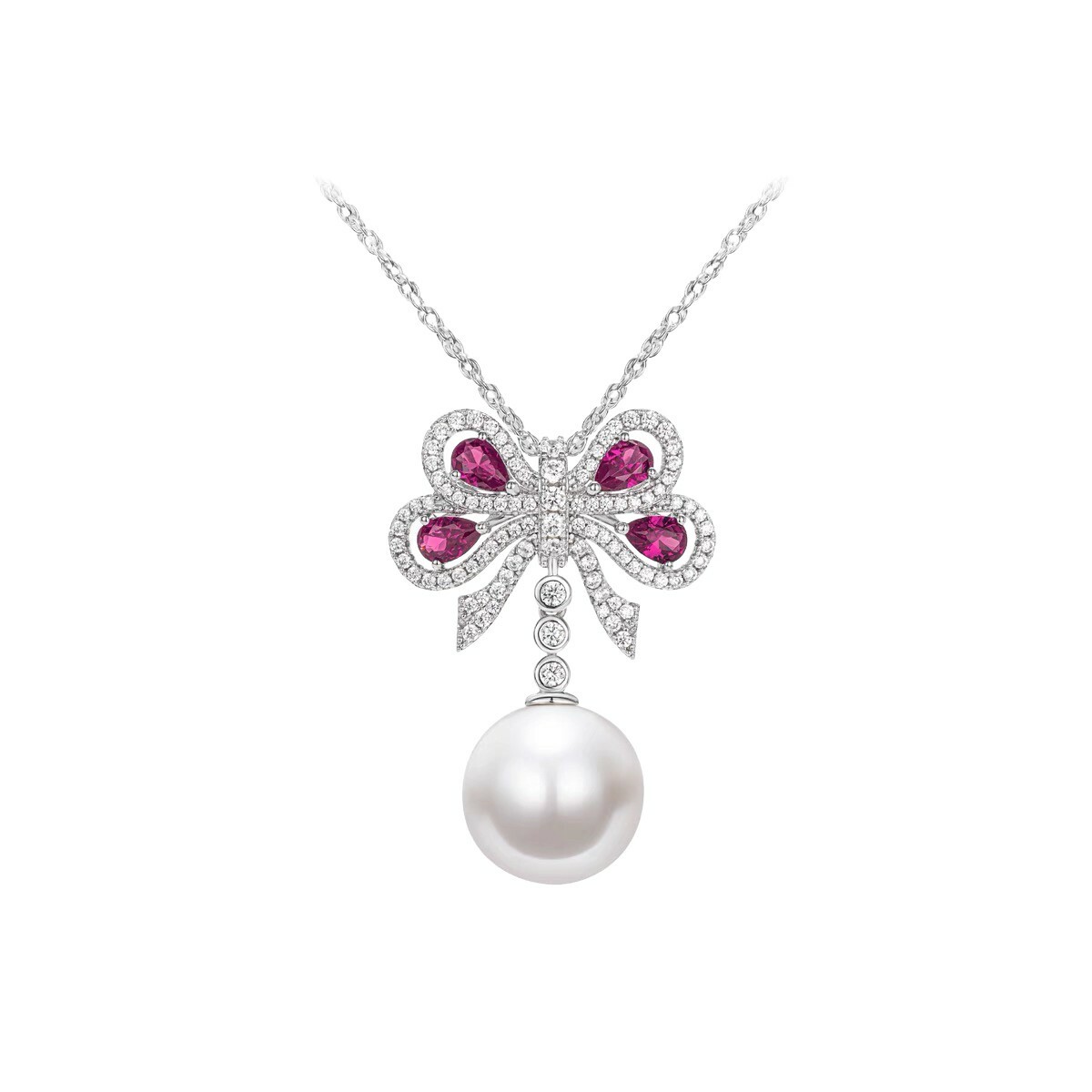 石榴红蝴蝶结珍珠 925銀項鍊