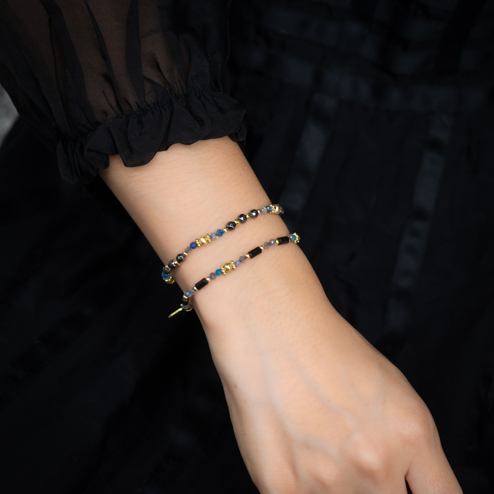 視野遨遊｜黑瑪瑙鐵膽石藍晶雙圈手鍊 C1552