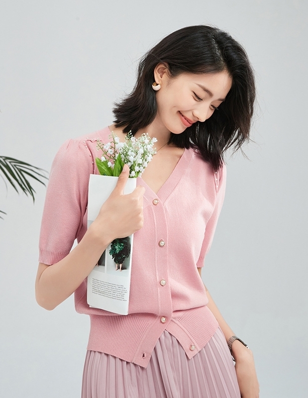 黑M/粉XL【零碼出清不退換】綴珠排釦針織上衣