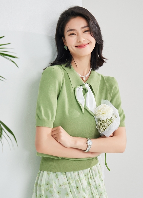 立領絲巾針織上衣 綠色
