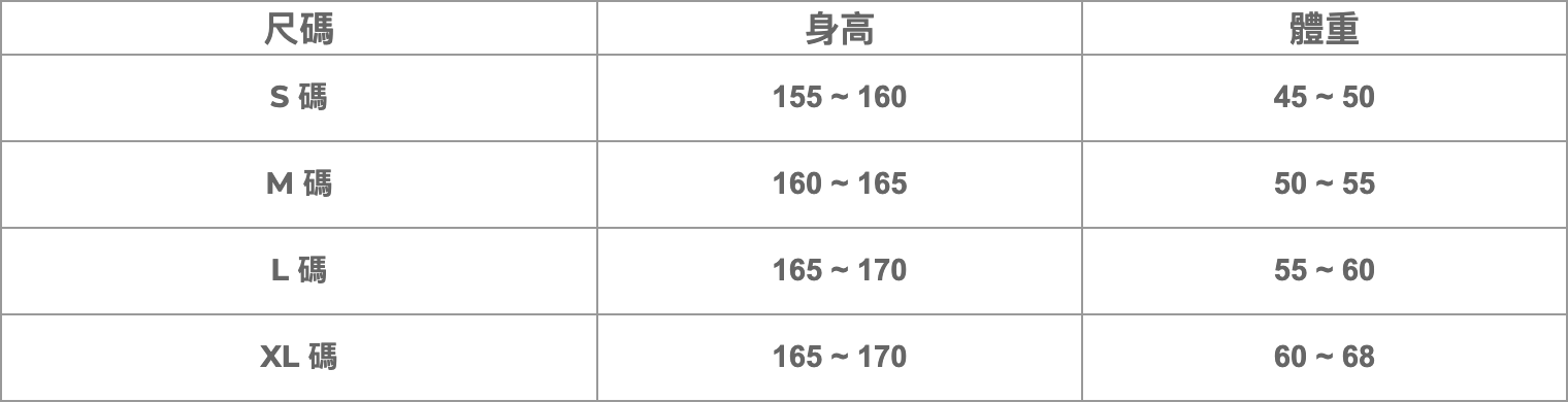 S H A N 尺碼參考表