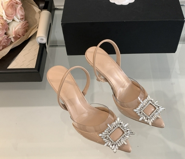 透明感 水鑽方釦跟鞋(35-39)(粉膚/銀)