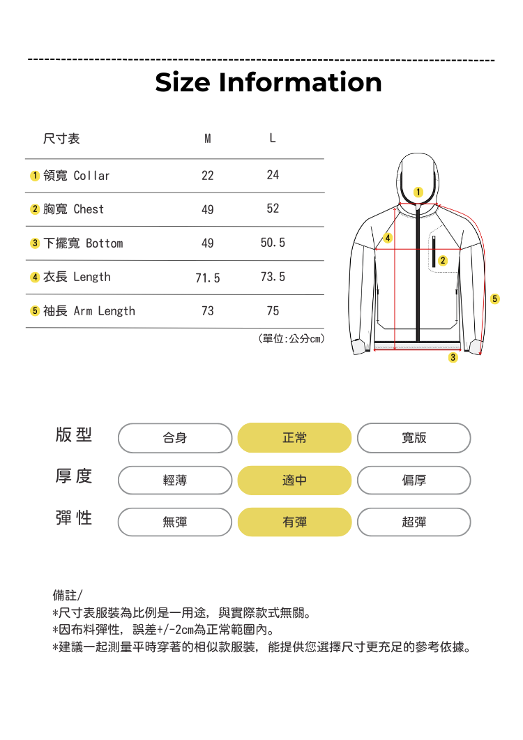 特殊剪接防風薄外套尺寸表