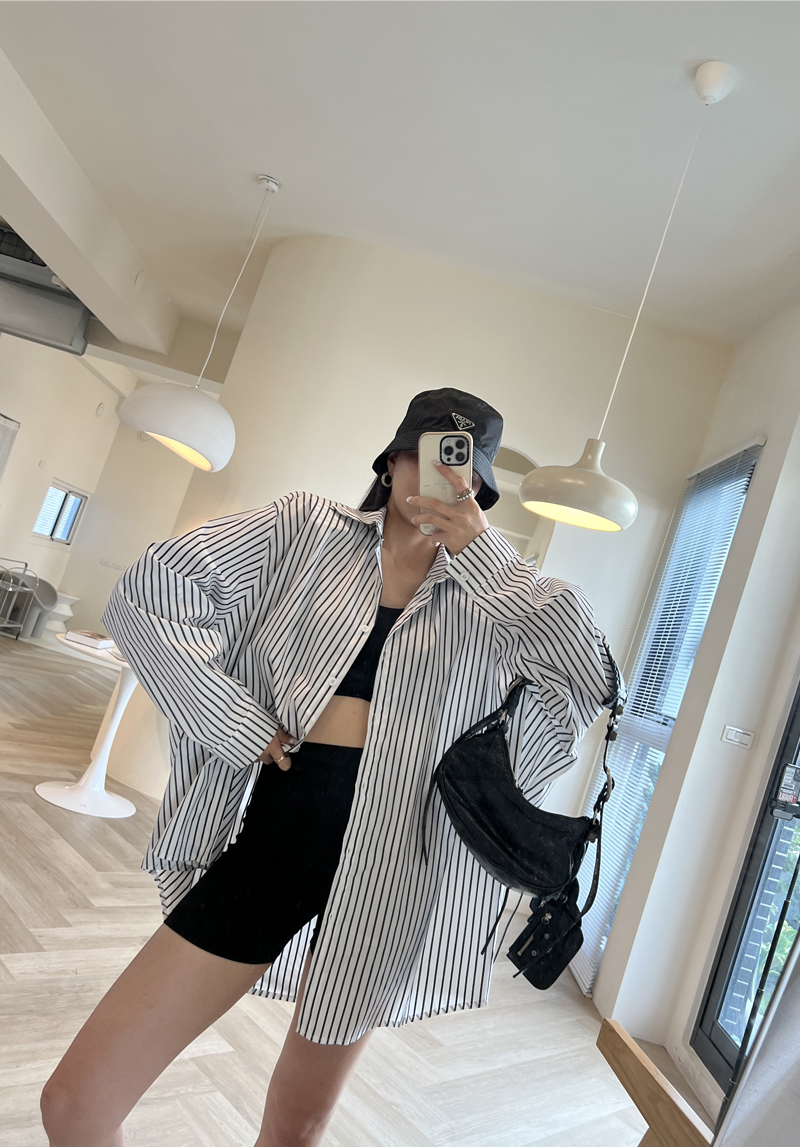 墊肩男友條紋襯衫