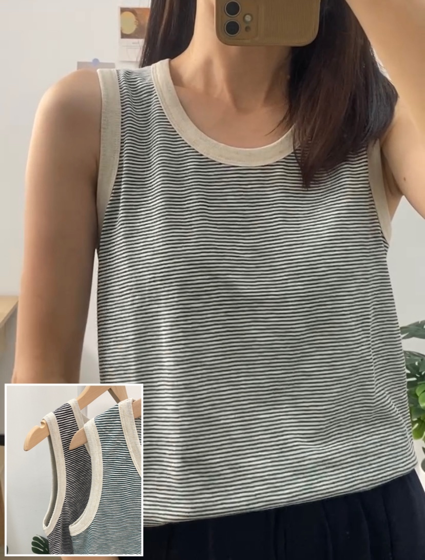 【 現貨 】薄麻棉圍邊條紋背心