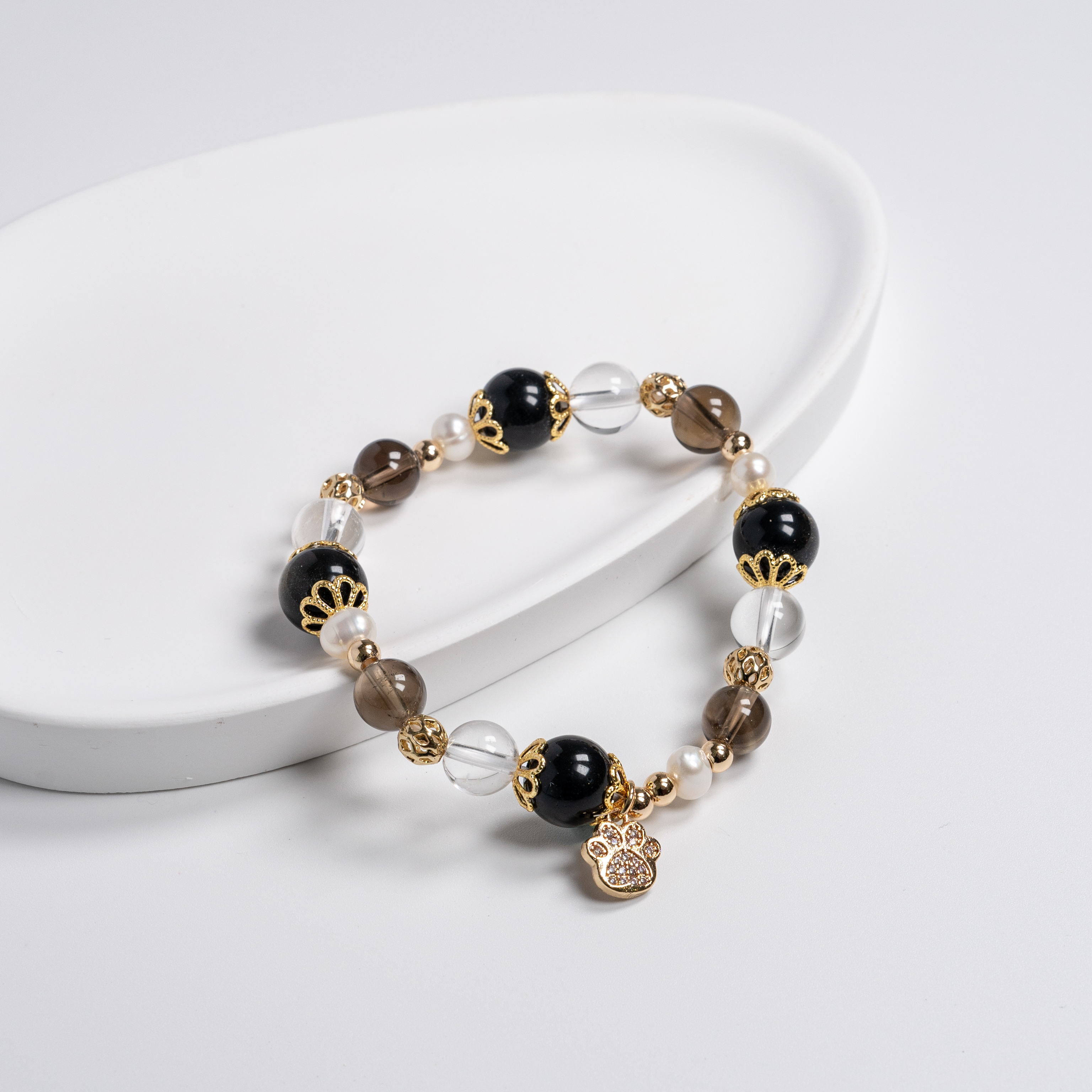 【主水晶】黑曜石【輔水晶】茶晶、白水晶、淡水珍珠