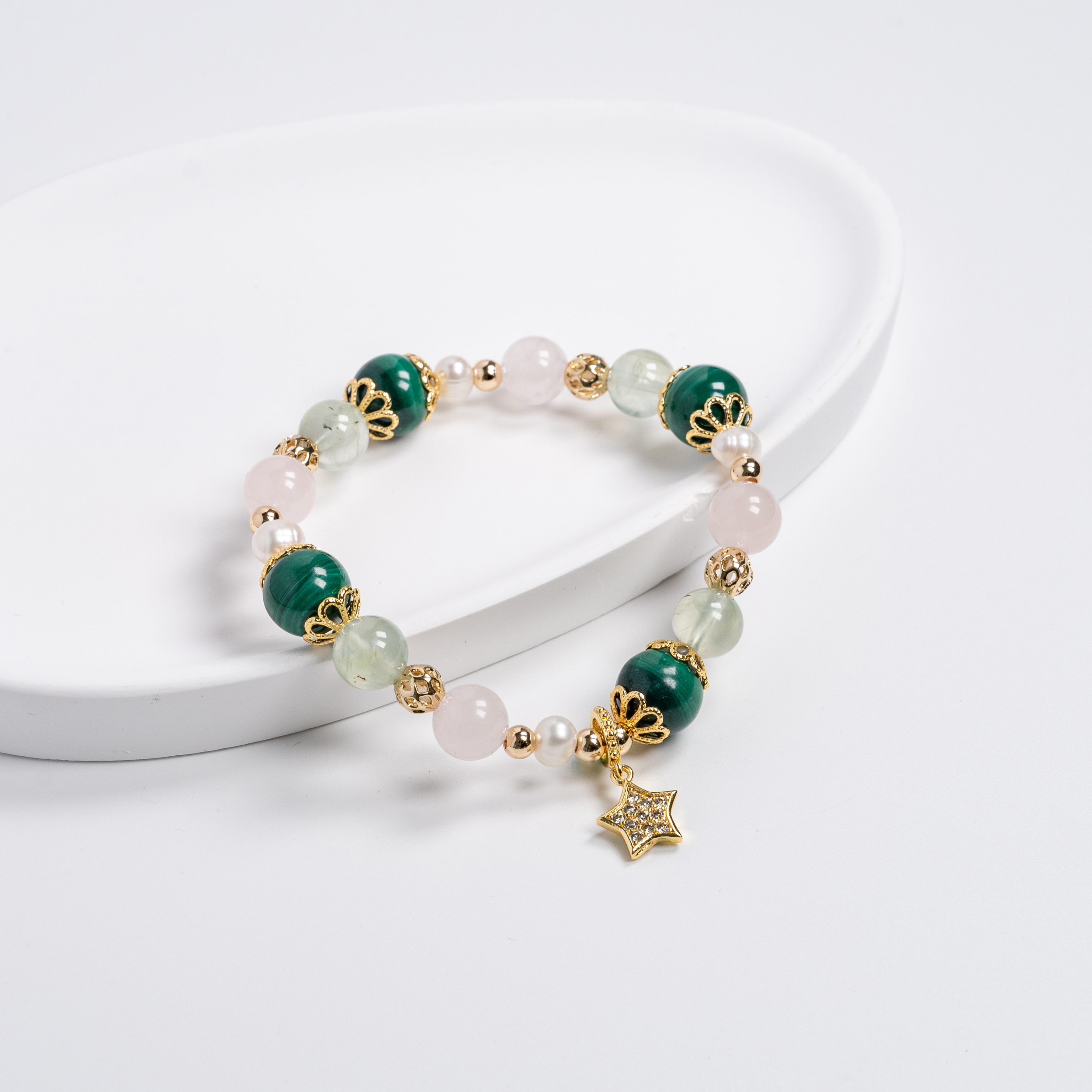 【主水晶】孔雀石【輔水晶】葡萄石、粉水晶、淡水珍珠