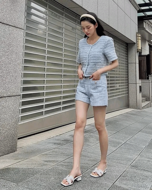 高貴迷人小香風混色花呢珍珠釦口袋短褲-高雅藍S