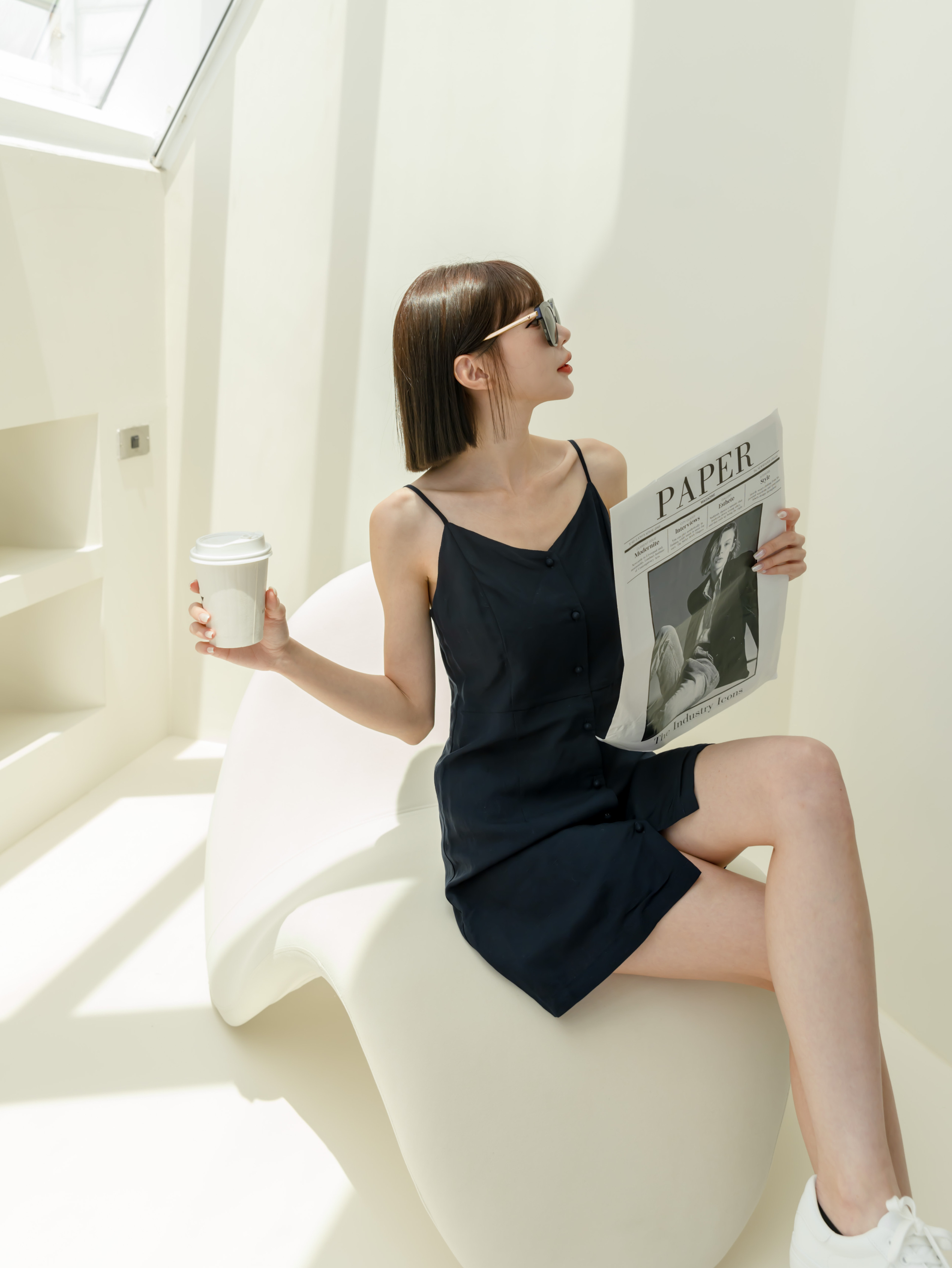 藏青混紡吊帶內搭洋裝