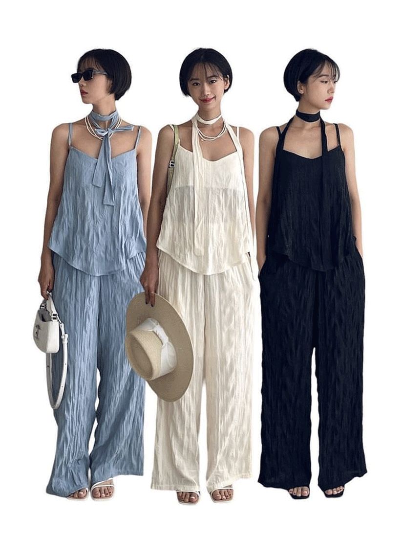 [現貨] 細摺抓皺背心套裝 [ 白色 / Free ]