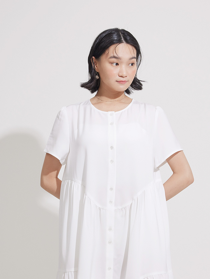 瀑布開襟短袖洋裝-白鷺