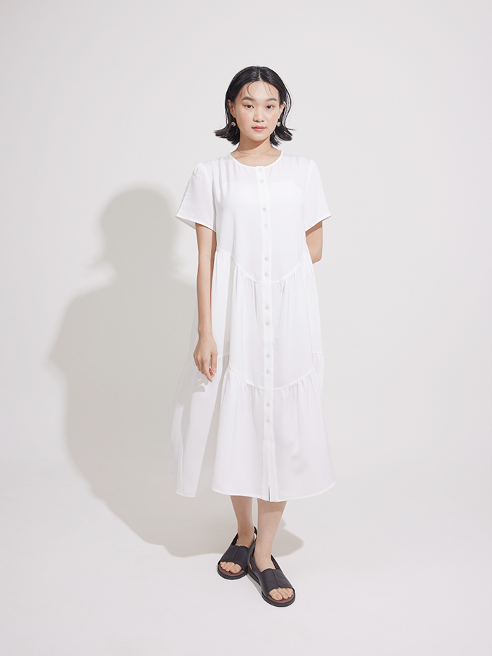 瀑布開襟短袖洋裝-白鷺