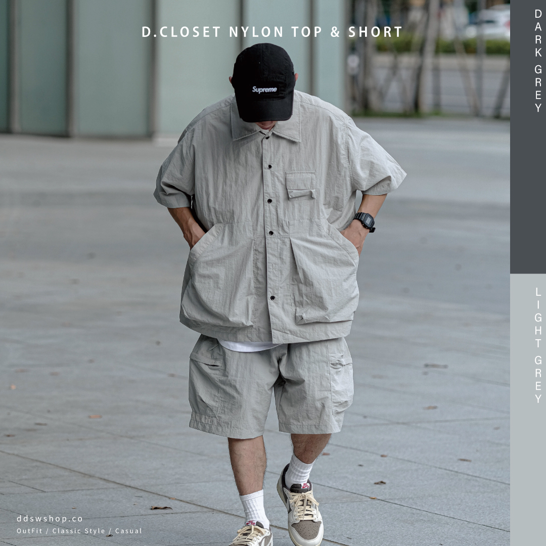 D.CLOSET 薄款 尼龍套裝 短袖 短褲 深灰色 米灰色