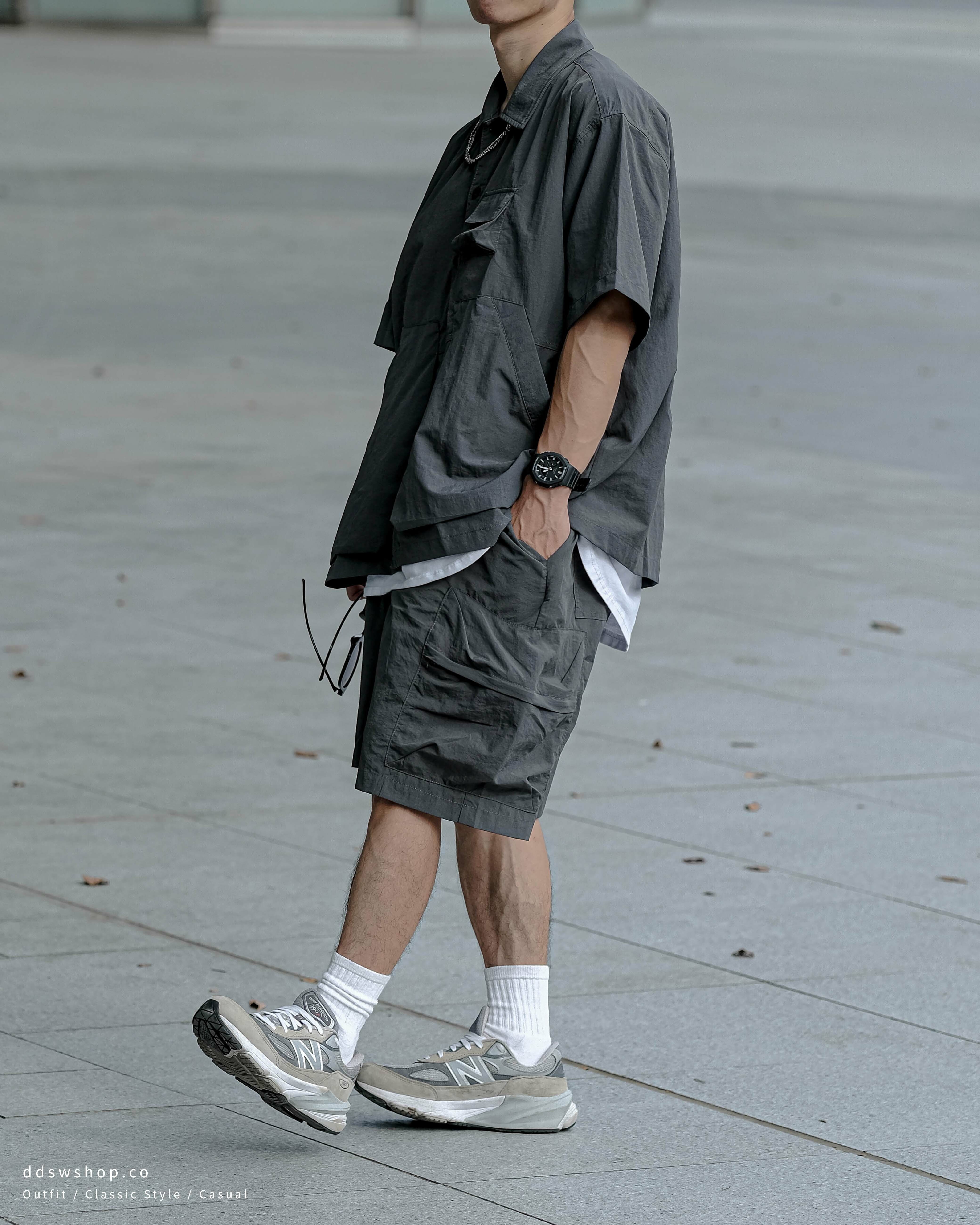 D.CLOSET 薄款 尼龍套裝 短袖 短褲 深灰色 米灰色