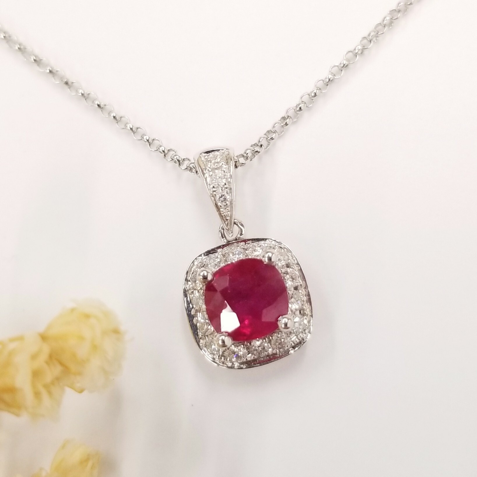 18K White Gold 0.95ct Cushion Cut Ruby and Diamond Pendant