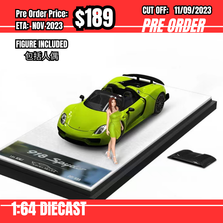 PO-$189 * Time Micro * 1:64 Porsche 918 Spyder Green w/figure [OD06/09]