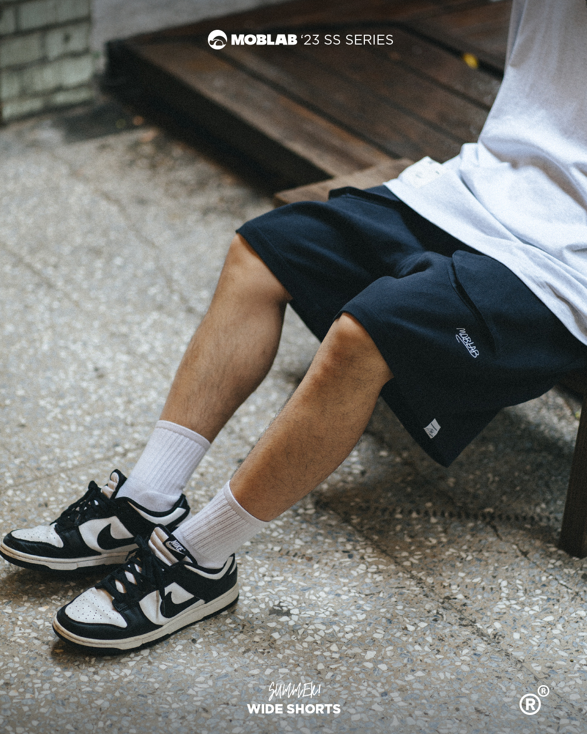 #現貨 MOBLAB EMBROIDERY FABRIC SHORT  刺繡斜紋寬版短褲 深藍色