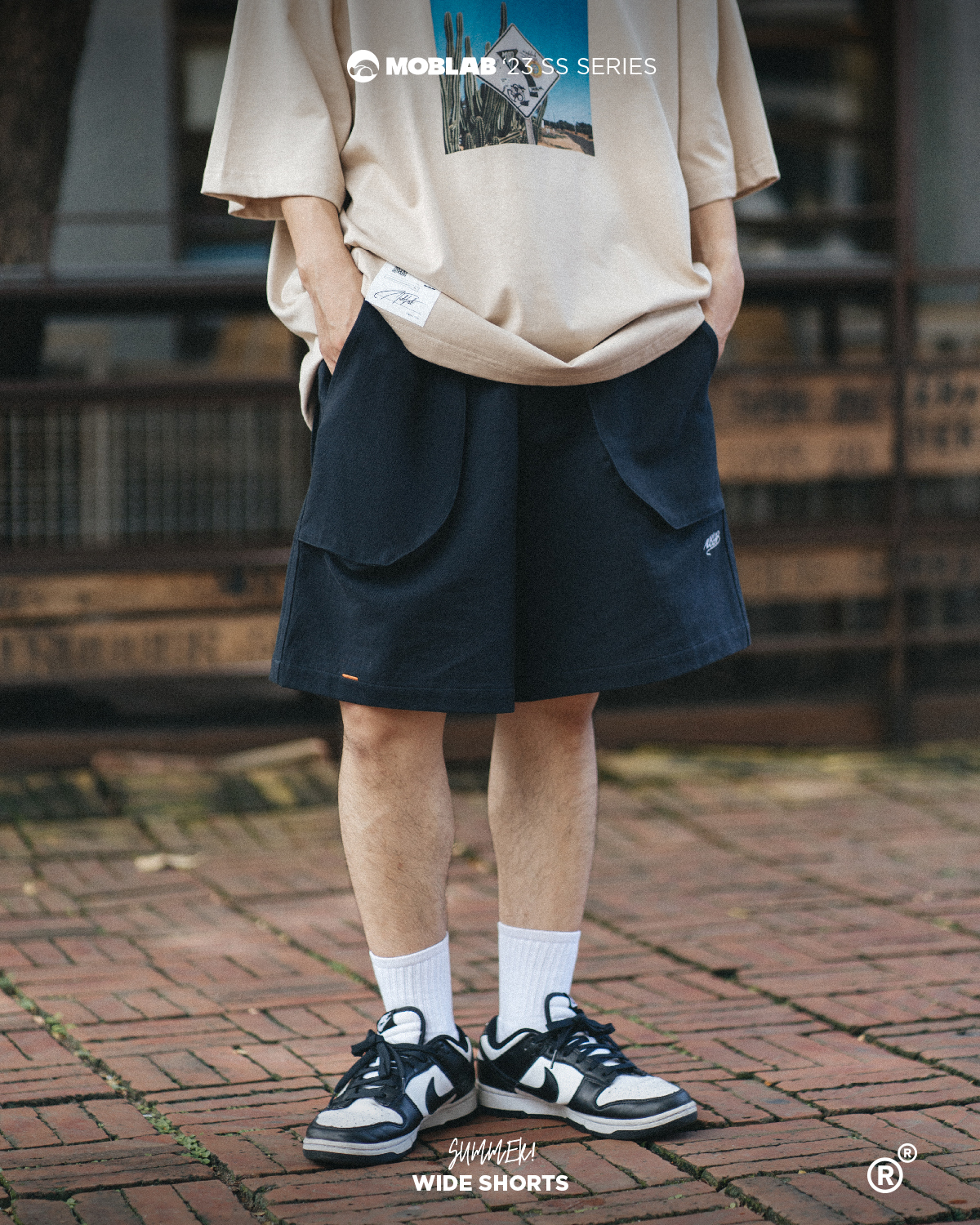 #現貨 MOBLAB EMBROIDERY FABRIC SHORT  刺繡斜紋寬版短褲 深藍色