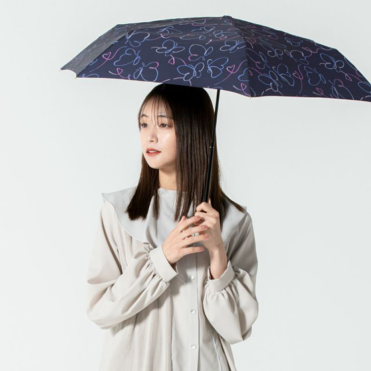 特價清貨|Wpc. - 蝴蝶絲帶圖案迷你摺雨傘/短遮/縮骨遮 (深藍色) (4728-013-002)  (特價貨品, 不設退換)