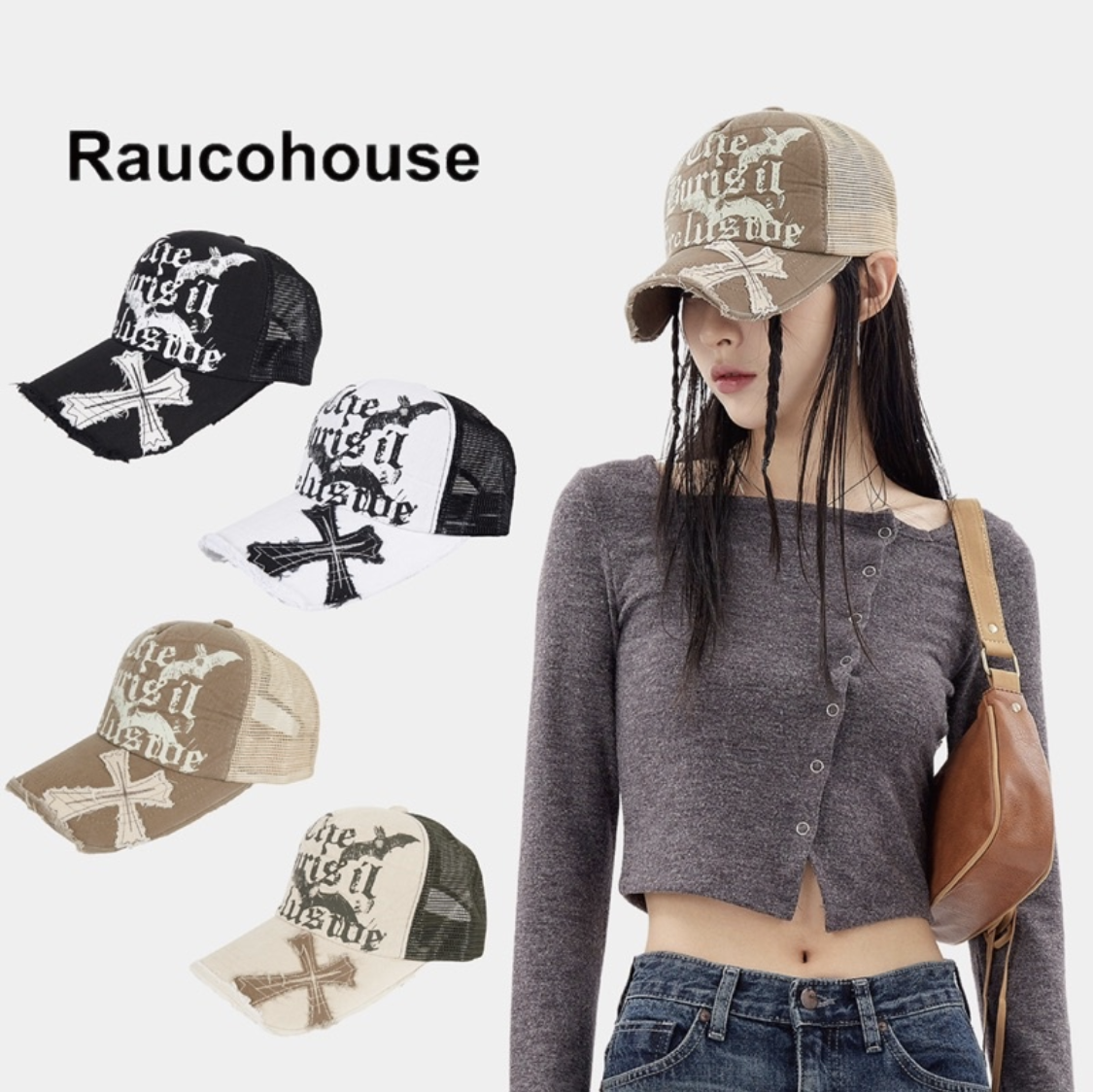 韓國 Raucohouse Y2K風格復古破壞十字架印花網帽 帽子 網帽 破壞 水洗 復古