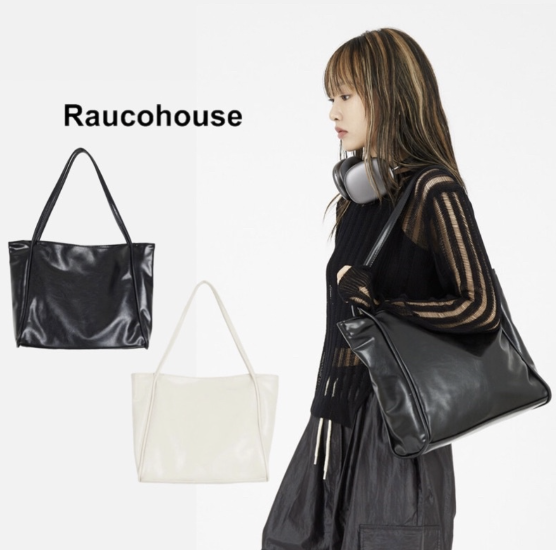 韓國 Raucohouse  (SALE) 大容量皮革肩背包 肩背包 側背包 小包 皮革包 水桶包