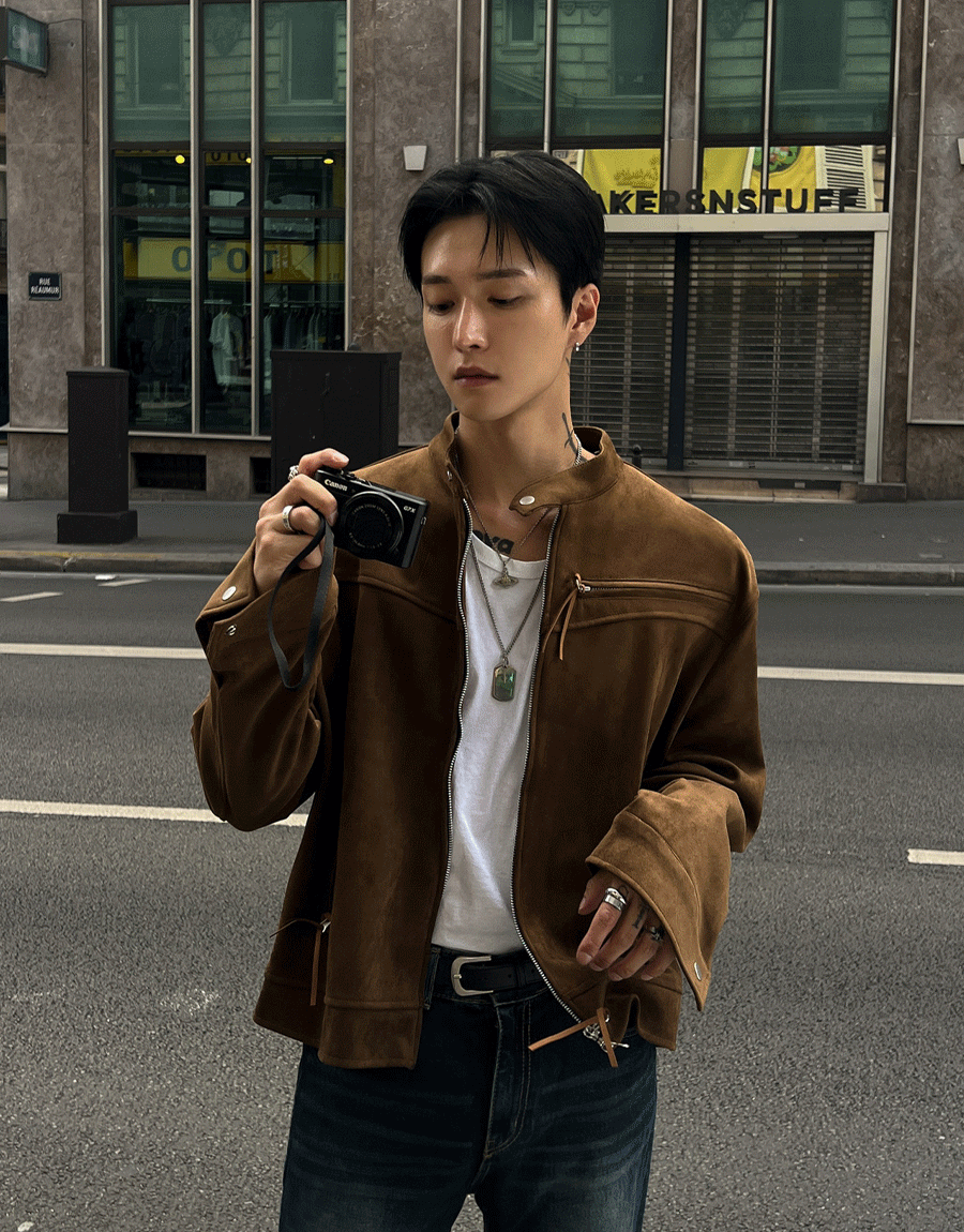 絨面革束帶賽車夾克