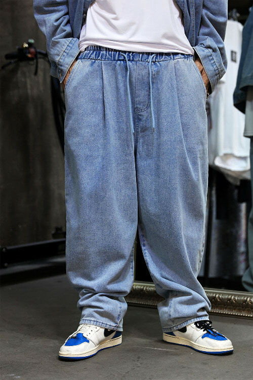 水洗鬆緊帶闊腿牛仔褲