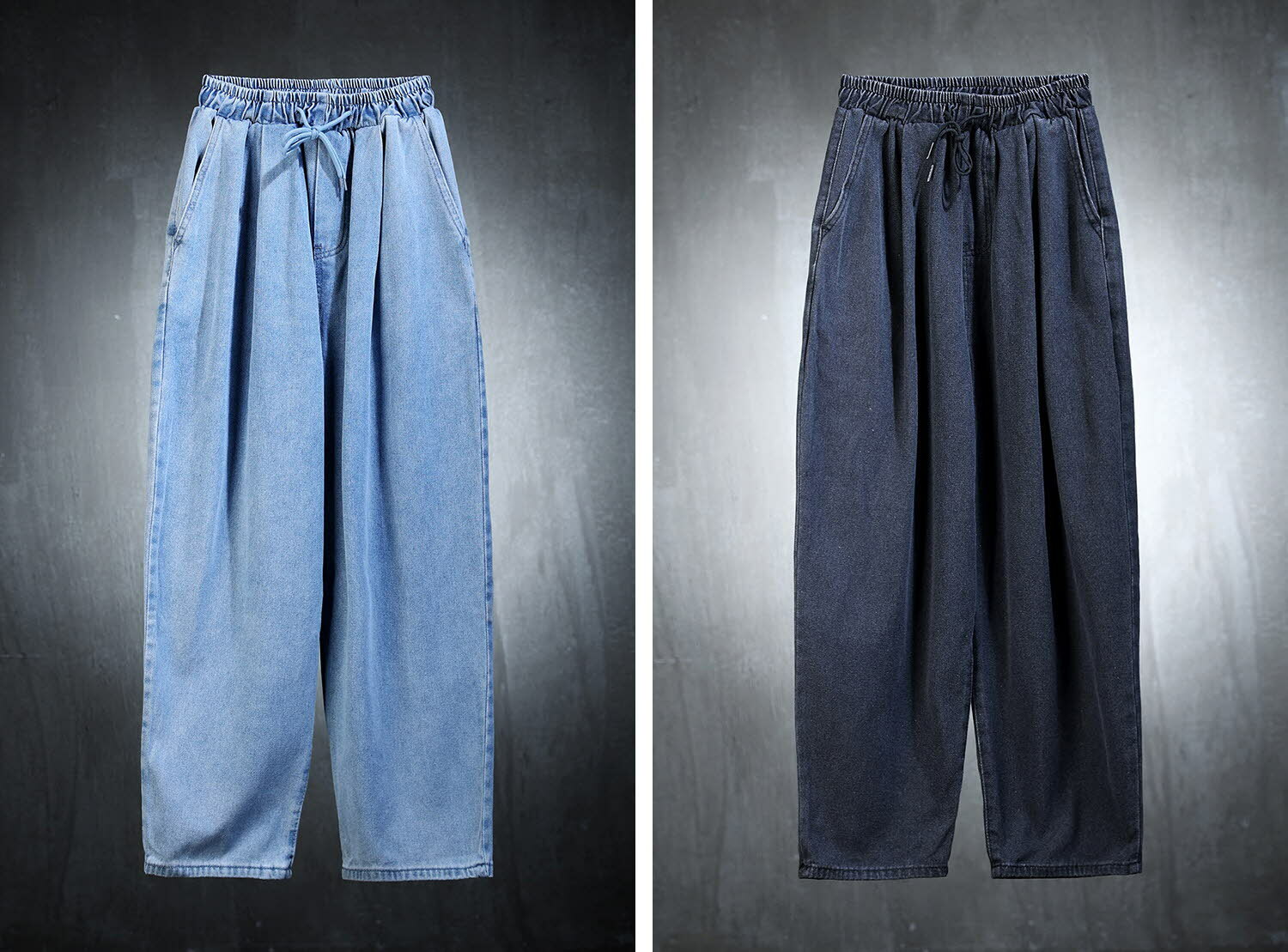 水洗鬆緊帶闊腿牛仔褲