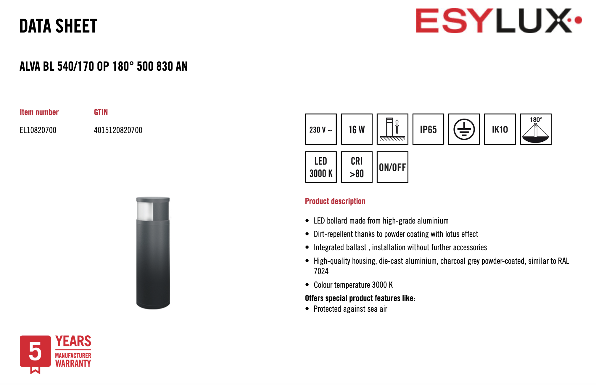 Esylux EL10820700 燈柱 ALVA BL 540/170 OP 180° 500 830 AN