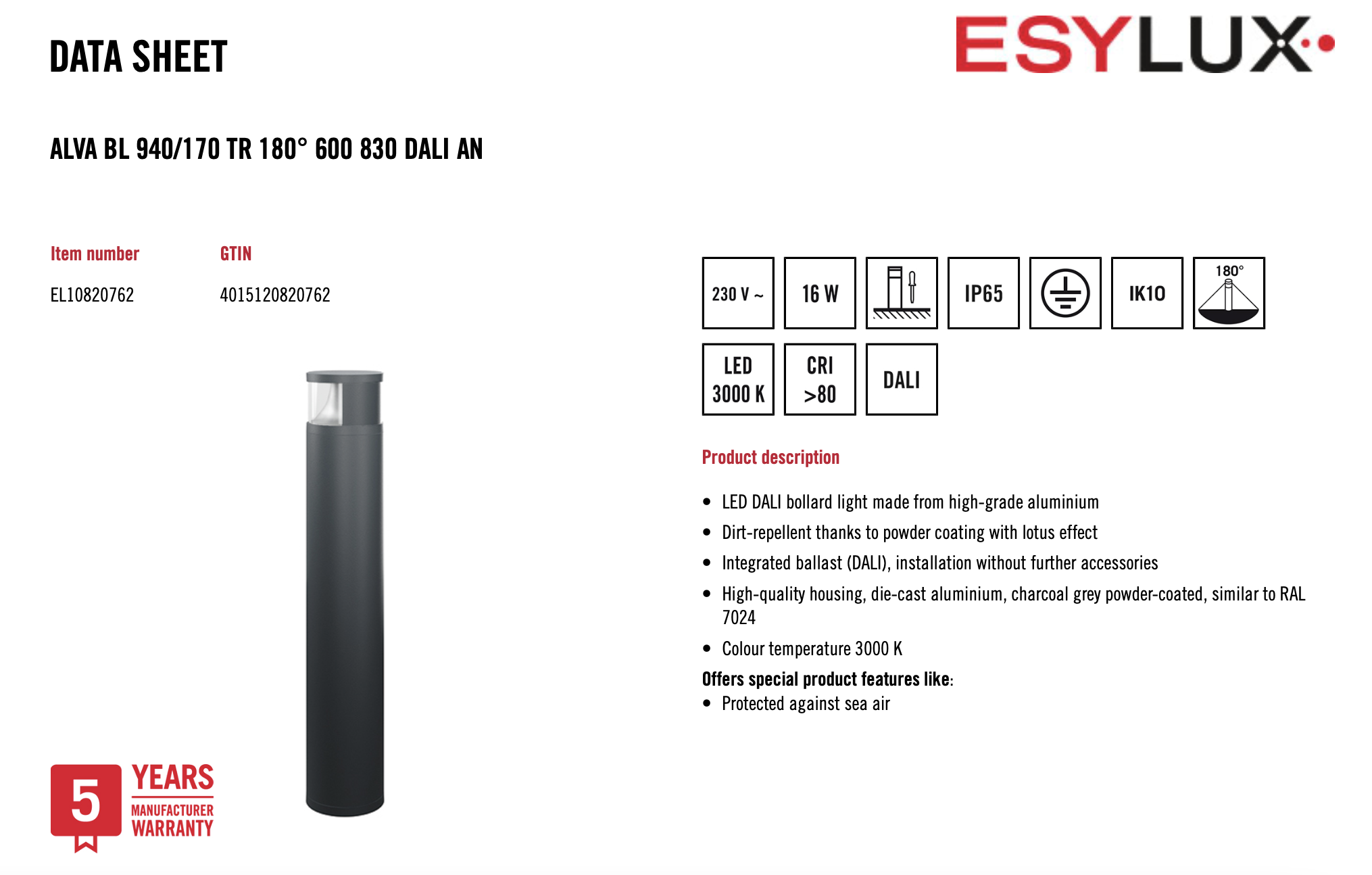 Esylux EL10820762 燈柱 ALVA BL 940/170 TR 180° 600 830 DALI AN