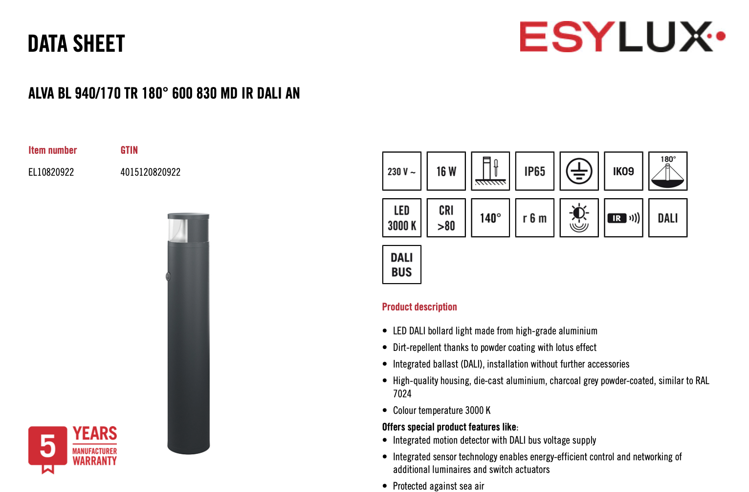 Esylux EL10820922 燈柱 ALVA BL 940/170 TR 180° 600 830 MD IR DALI AN