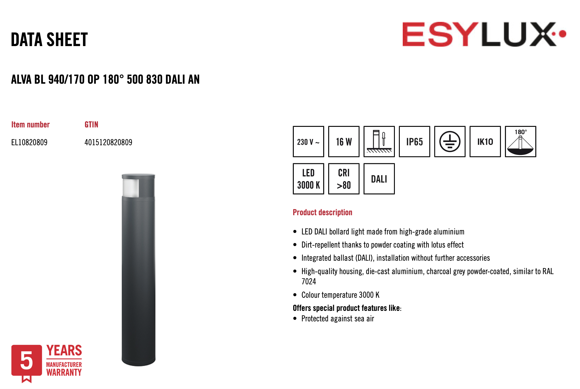 Esylux EL10820809 燈柱 ALVA BL 940/170 OP 180° 500 830 DALI AN