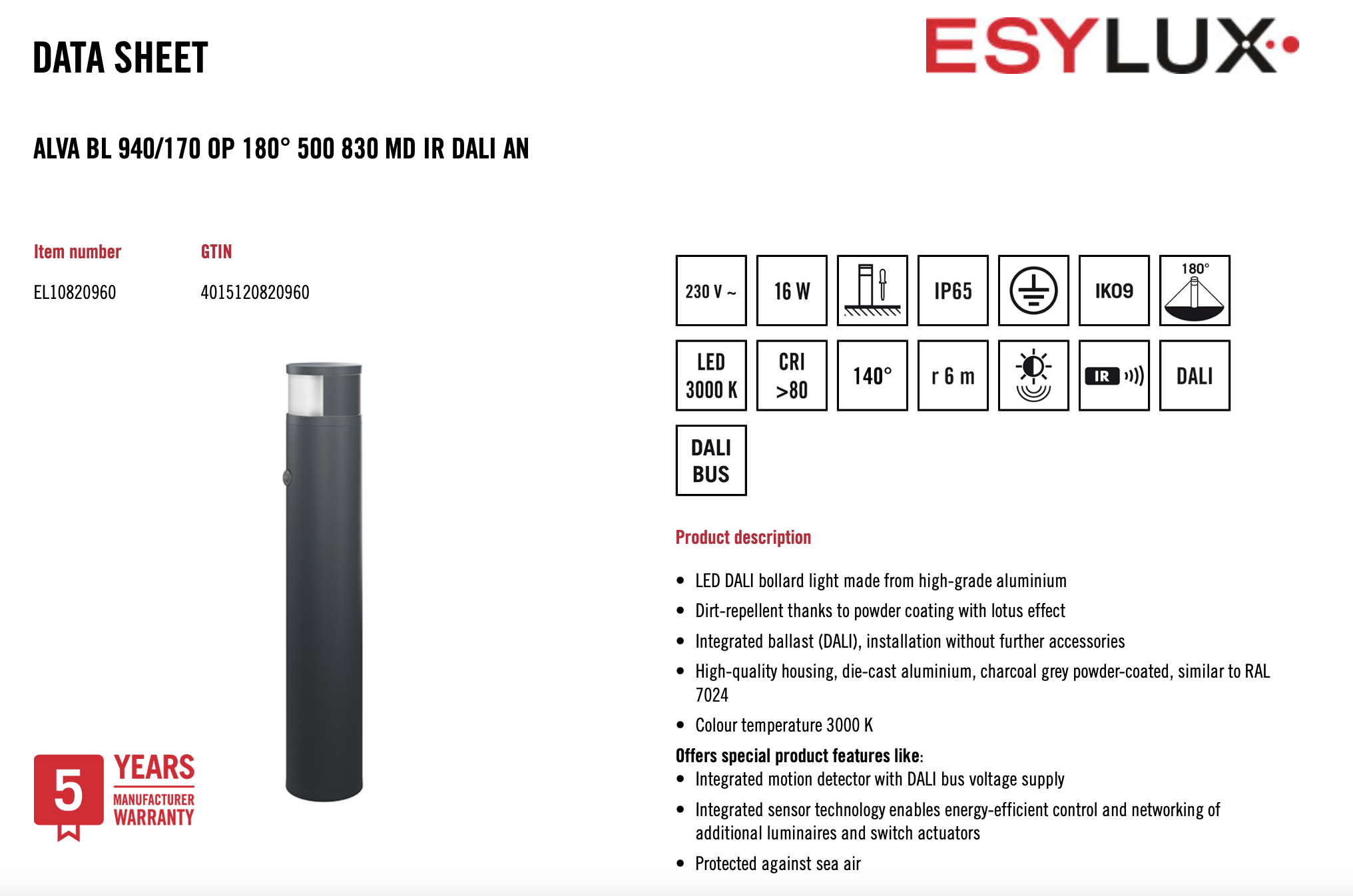 Esylux EL10820960 燈柱 ALVA BL 940/170 OP 180° 500 830 MD IR DALI AN