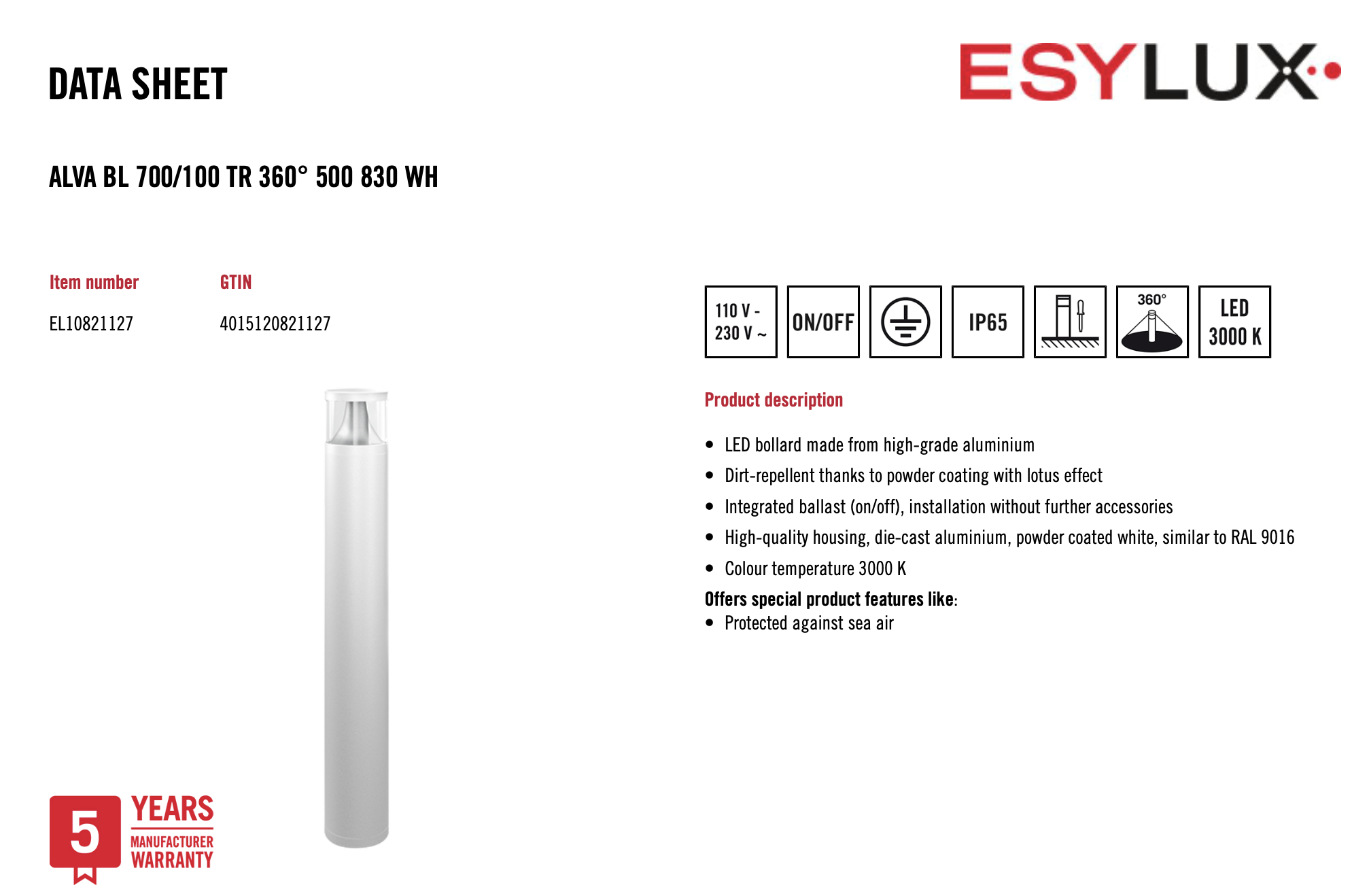 Esylux EL10821127 燈柱 ALVA BL 700/100 TR 360° 500 830 WH