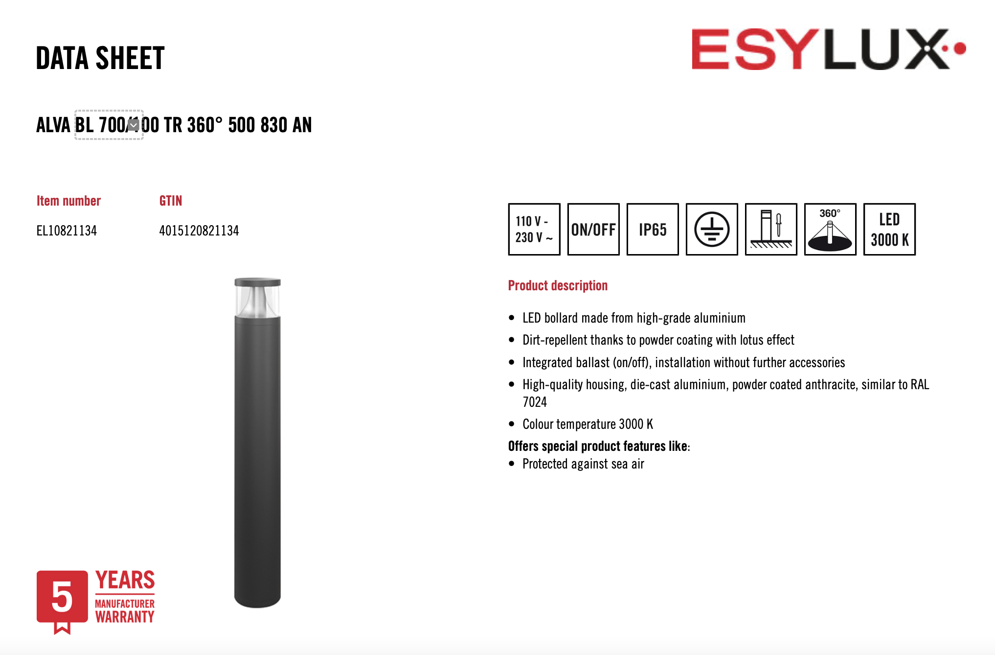 Esylux EL10821134 燈柱 ALVA BL 700/100 TR 360° 500 830 AN
