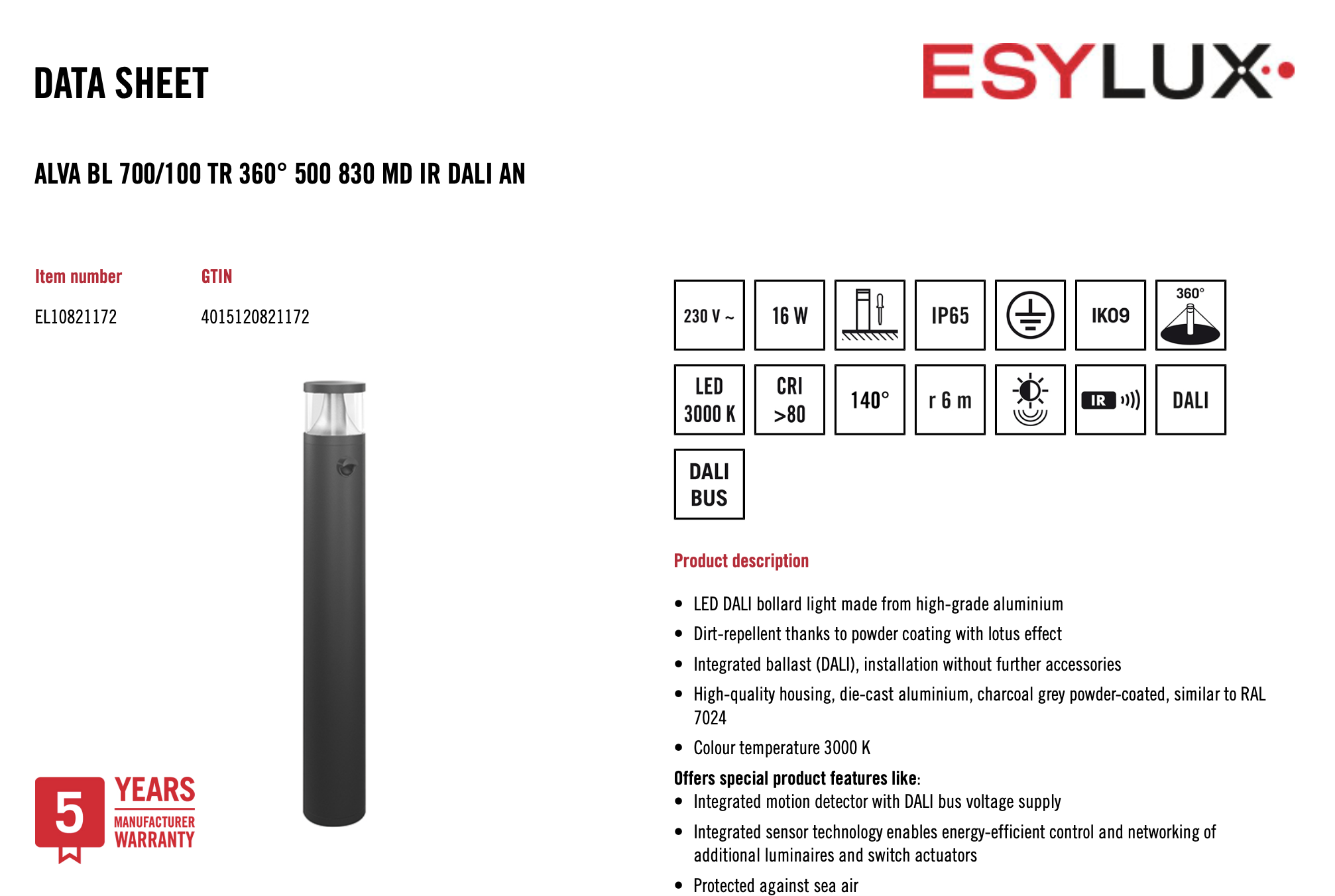 Esylux EL10821172 燈柱 ALVA BL 700/100 TR 360° 500 830 MD IR DALI AN