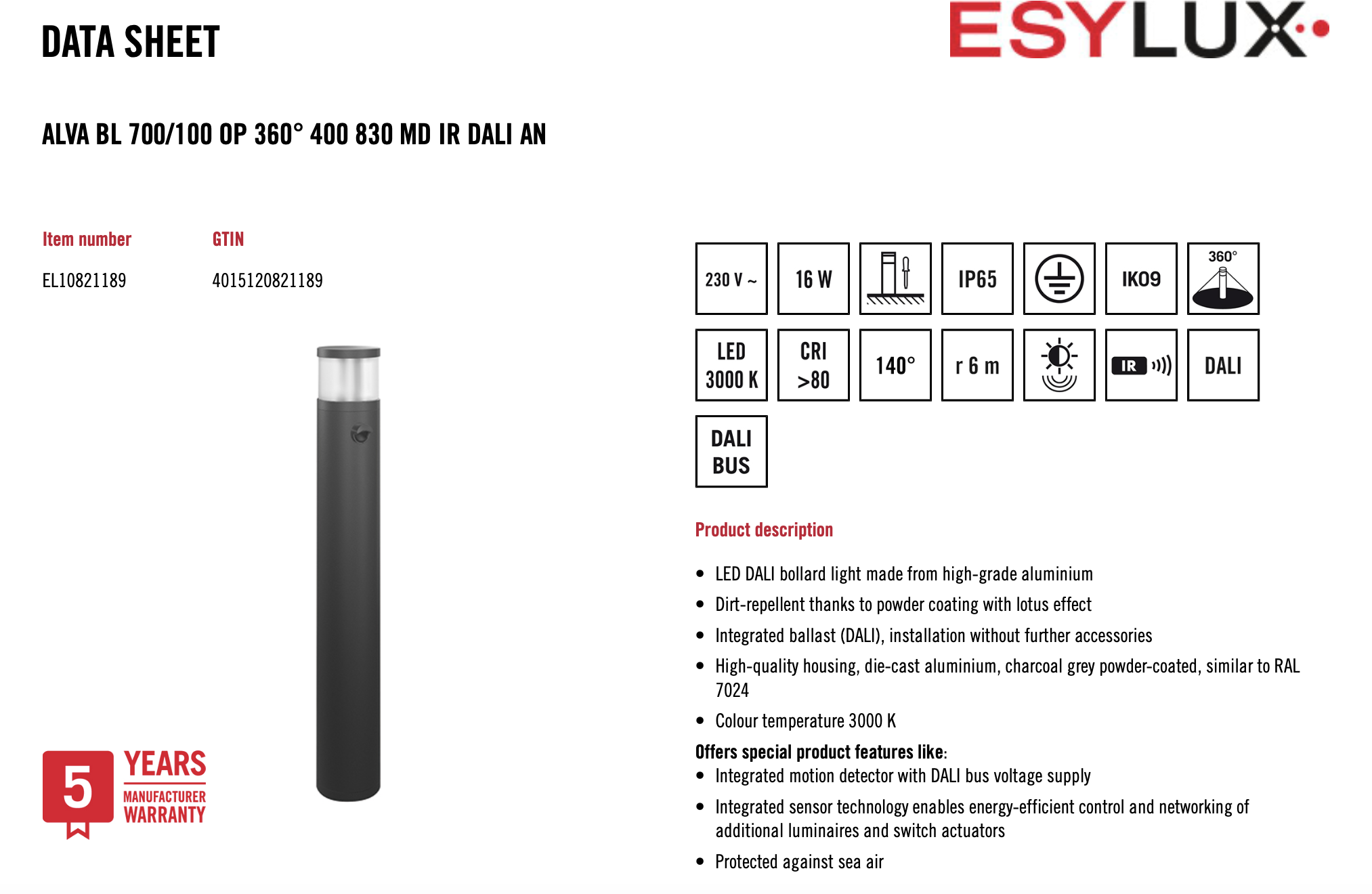 Esylux EL10821189 燈柱 ALVA BL 700/100 OP 360° 400 830 MD IR DALI AN