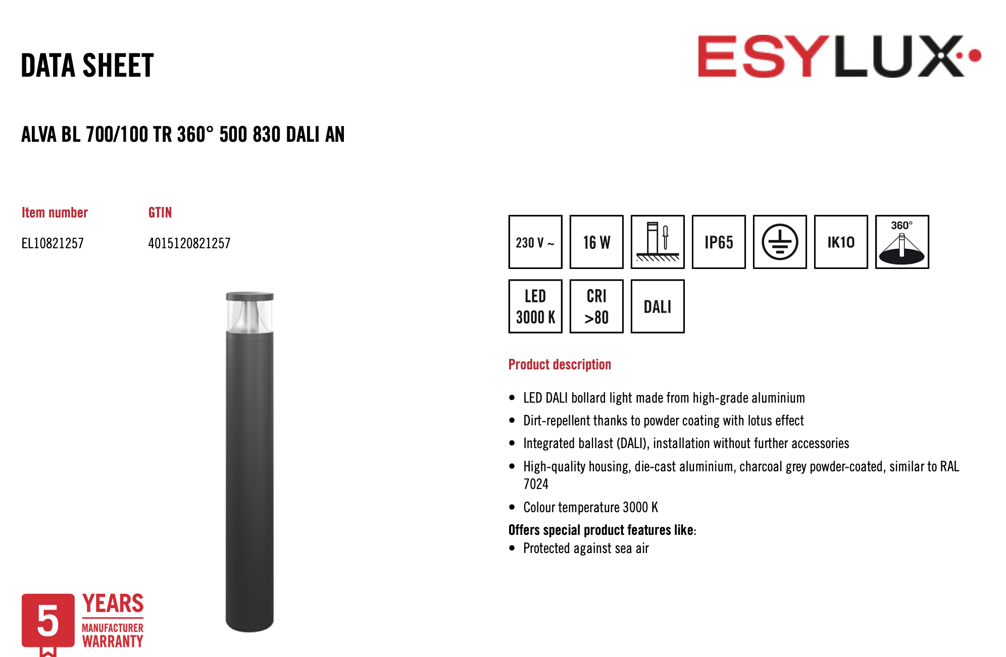 Esylux EL10821257 燈柱 ALVA BL 700/100 TR 360° 500 830 DALI AN