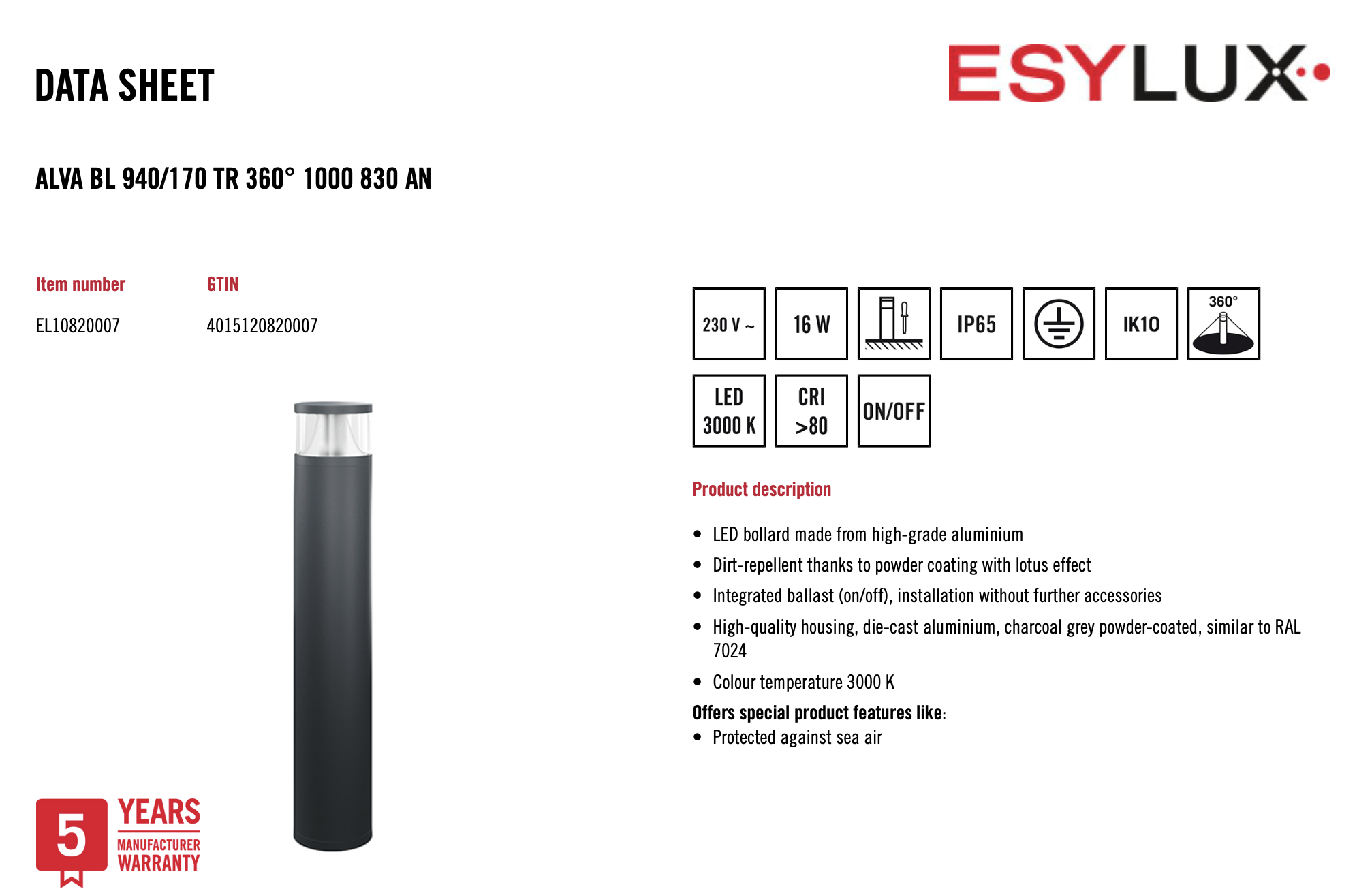 Esylux EL10820007 燈柱 ALVA BL 940/170 TR 360° 1000 830 AN