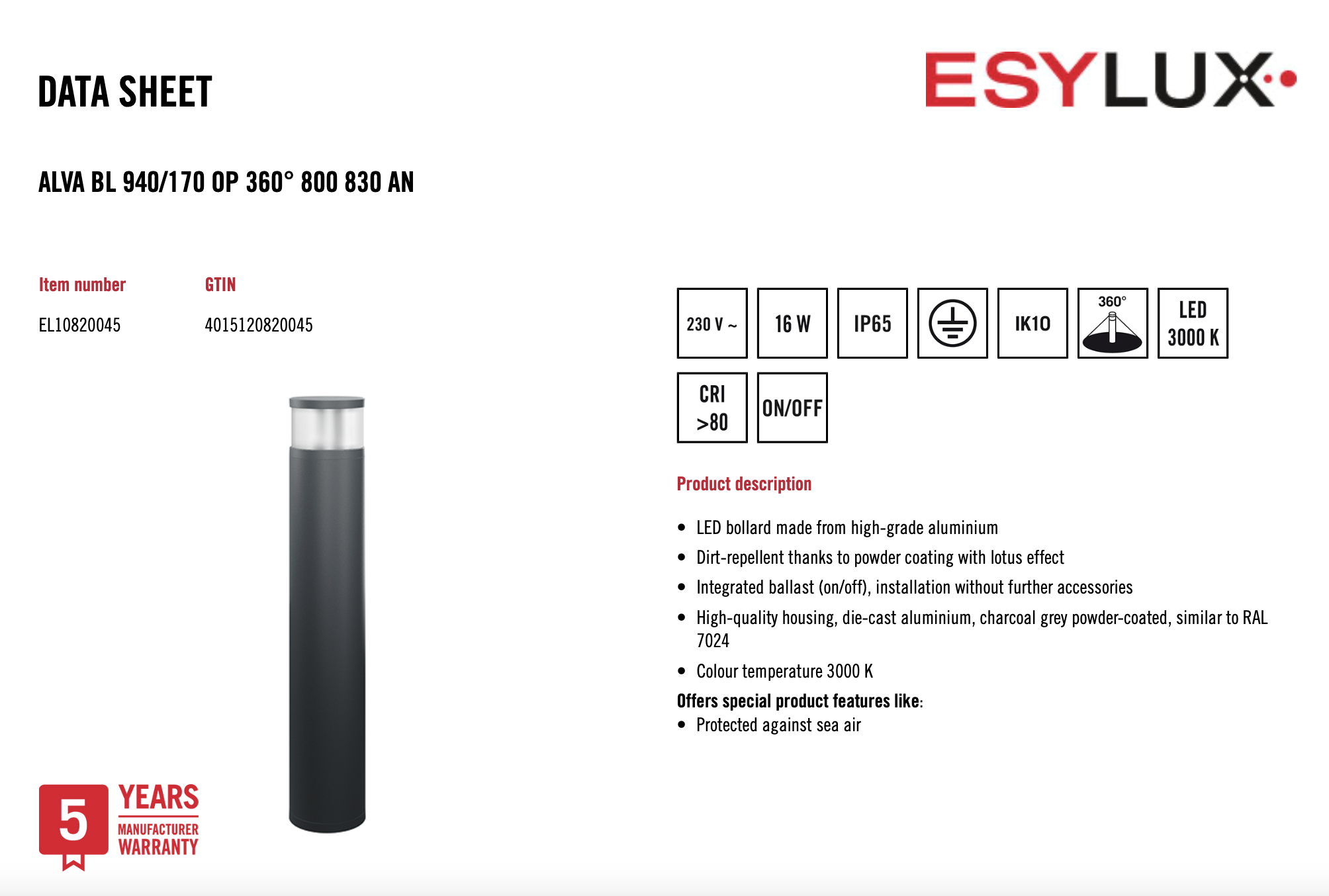 Esylux EL10820045 燈柱 ALVA BL 940/170 OP 360° 800 830 AN