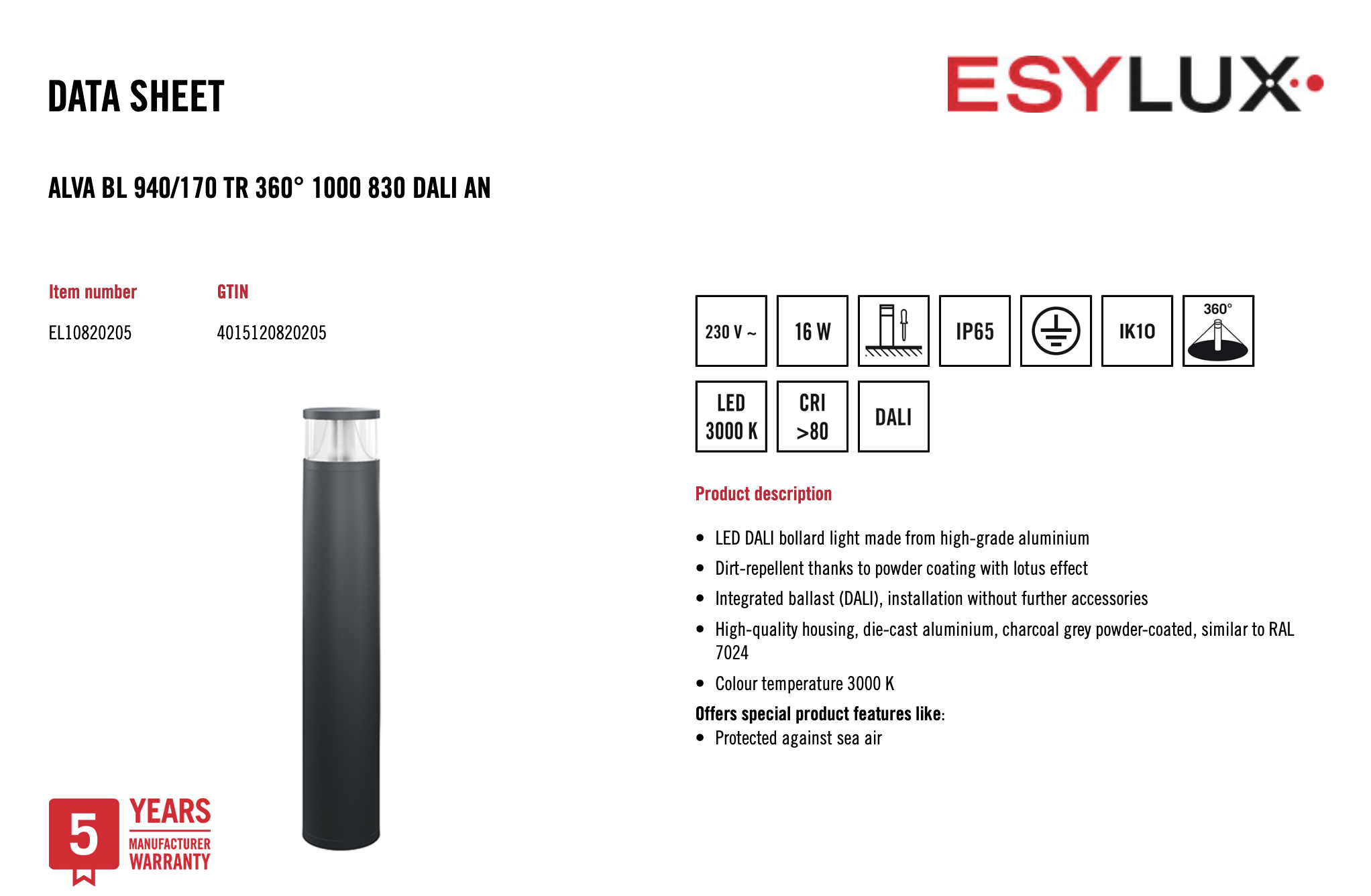 Esylux EL10820205 燈柱 ALVA BL 940/170 TR 360° 1000 830 DALI AN