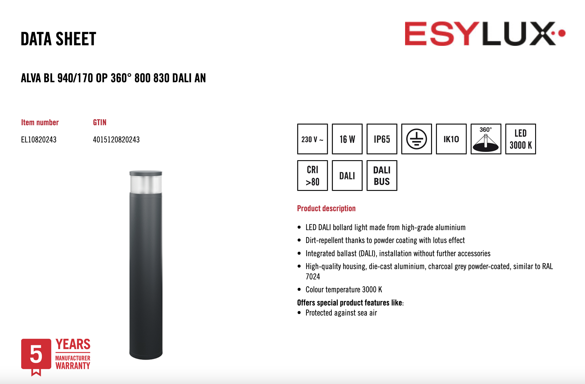 Esylux EL10820243 燈柱 ALVA BL 940/170 OP 360° 800 830 DALI AN