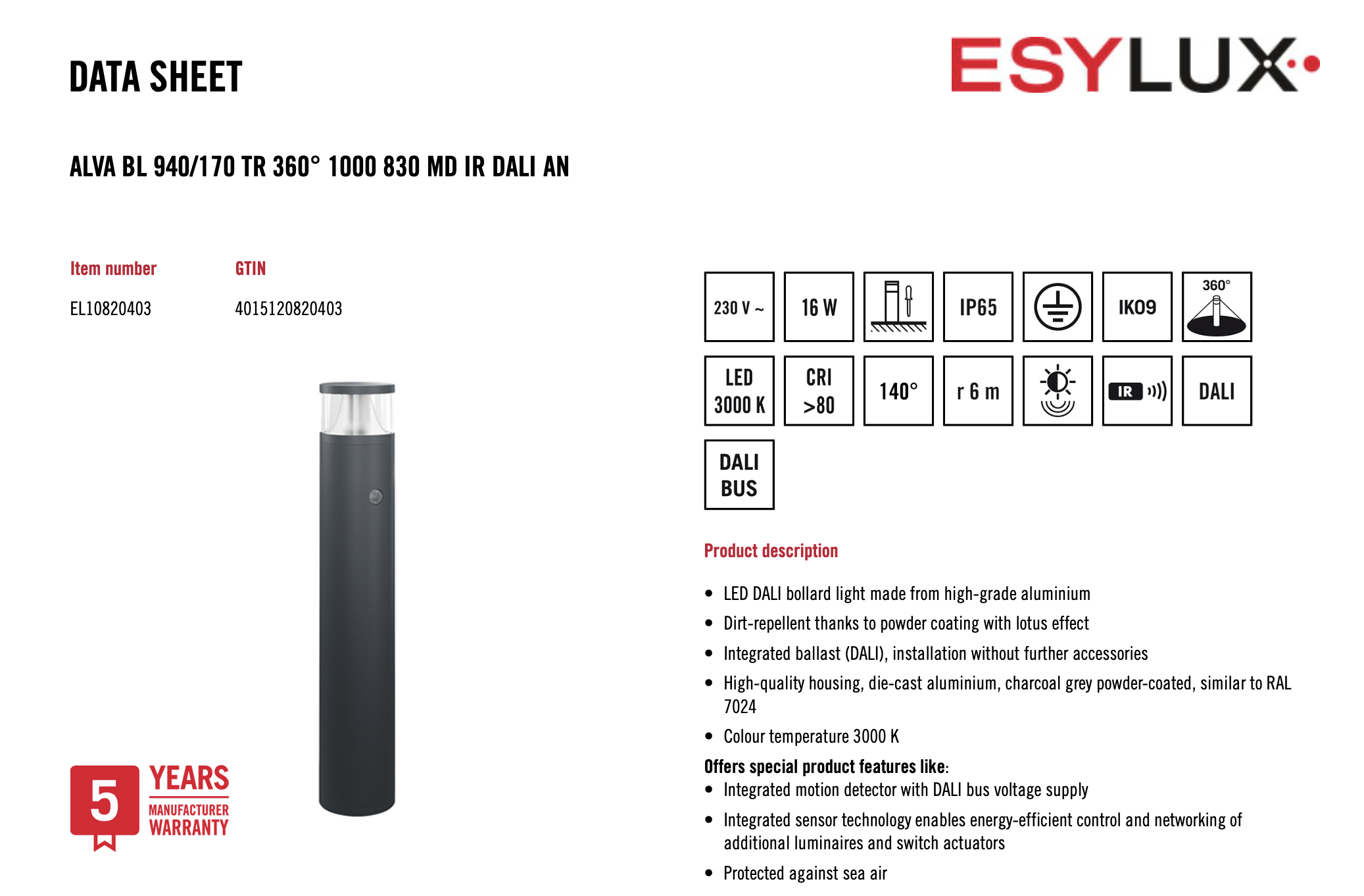 Esylux EL10820403 燈柱 ALVA BL 940/170 TR 360° 1000 830 MD IR DALI AN