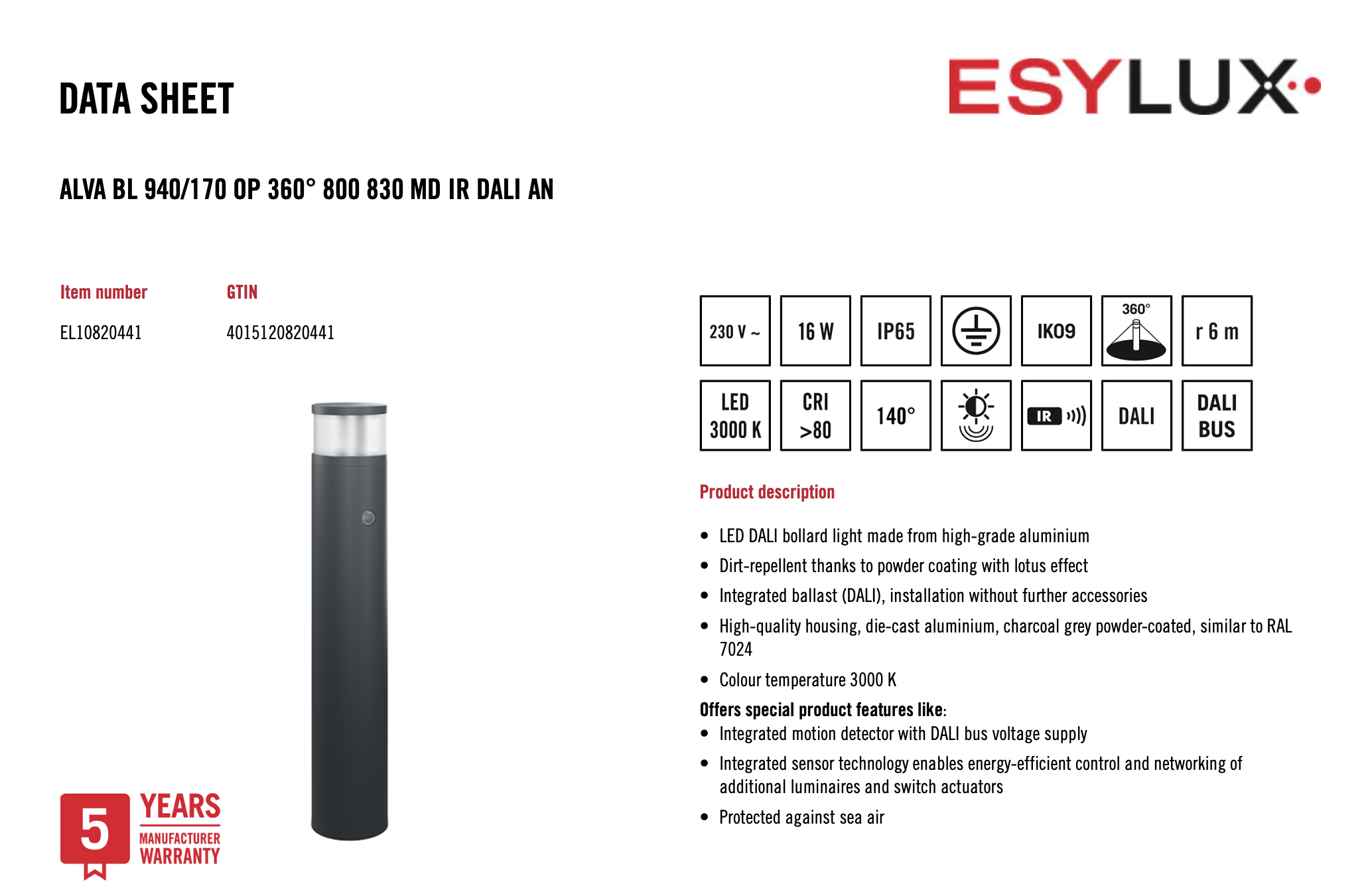 Esylux EL10820441 燈柱 ALVA BL 940/170 OP 360° 800 830 MD IR DALI AN