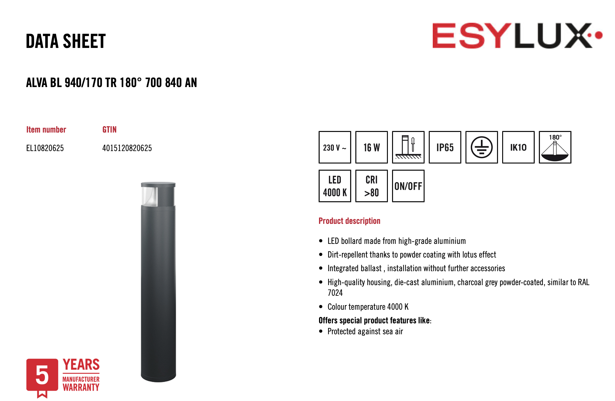 Esylux EL10820625 燈柱 ALVA BL 940/170 TR 180° 700 840 AN