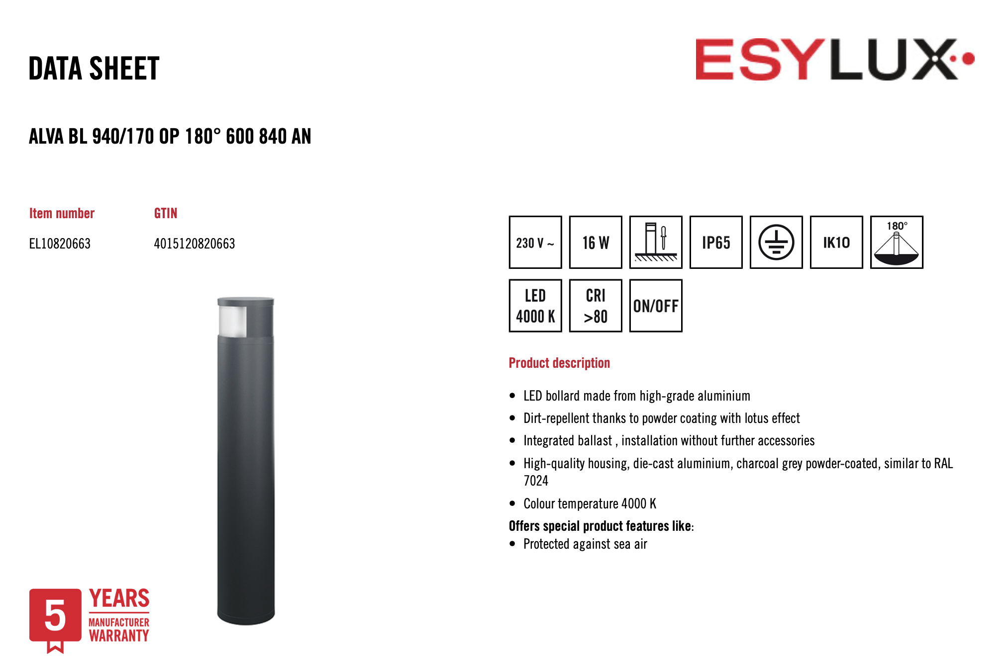 Esylux EL10820663 燈柱 ALVA BL 940/170 OP 180° 600 840 AN