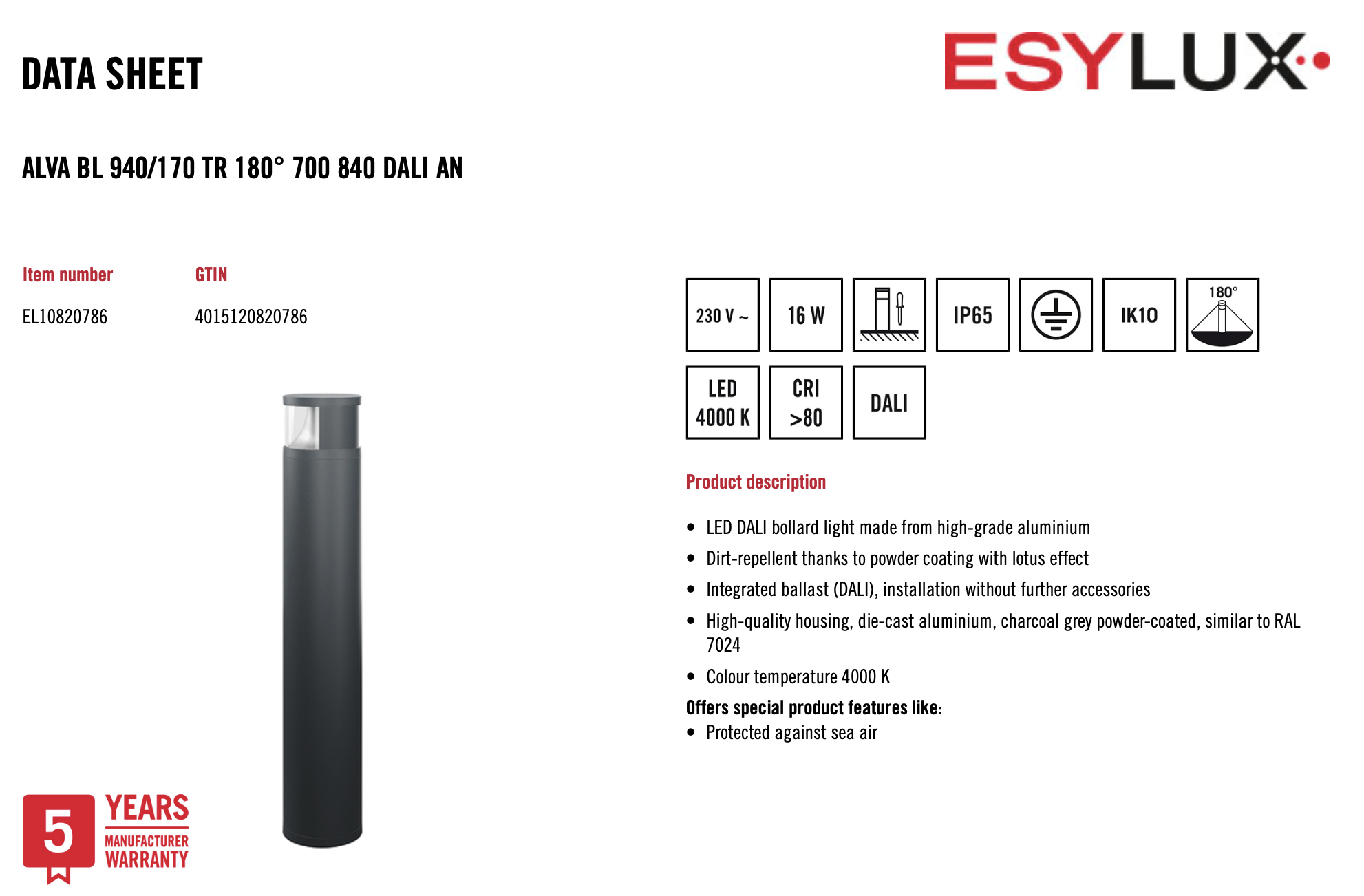 Esylux EL10820786 燈柱 ALVA BL 940/170 TR 180° 700 840 DALI AN